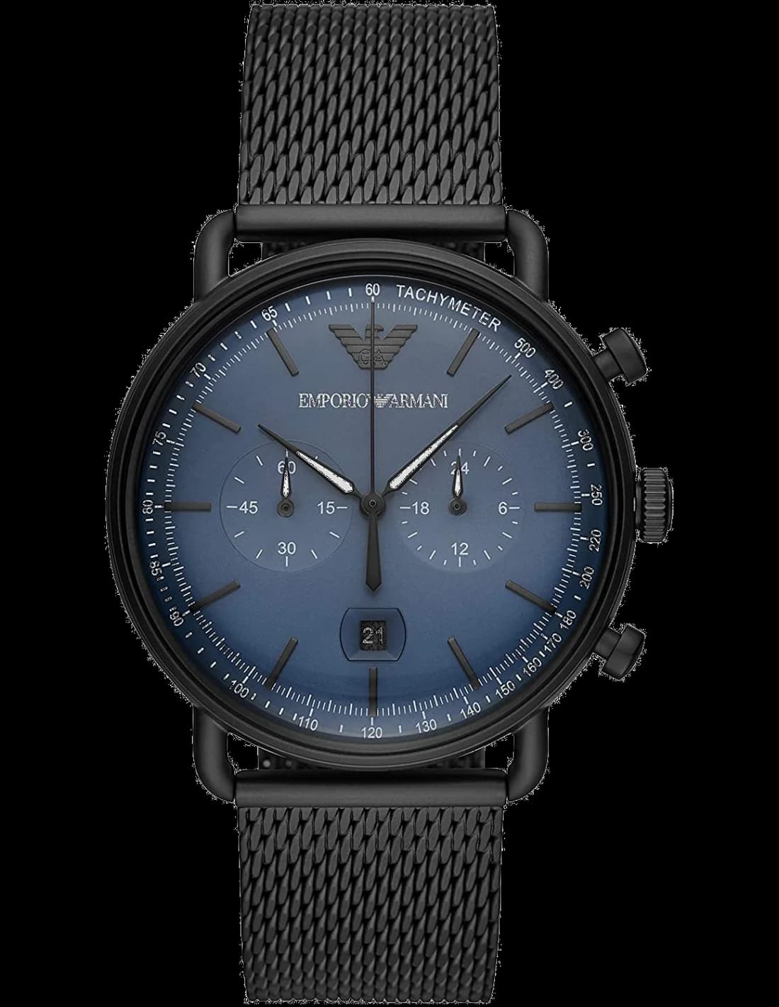 Montre Emporio Armani AR11201 cadran noir soleillé, aiguilles et index bâton argentés, style aviateur élégant