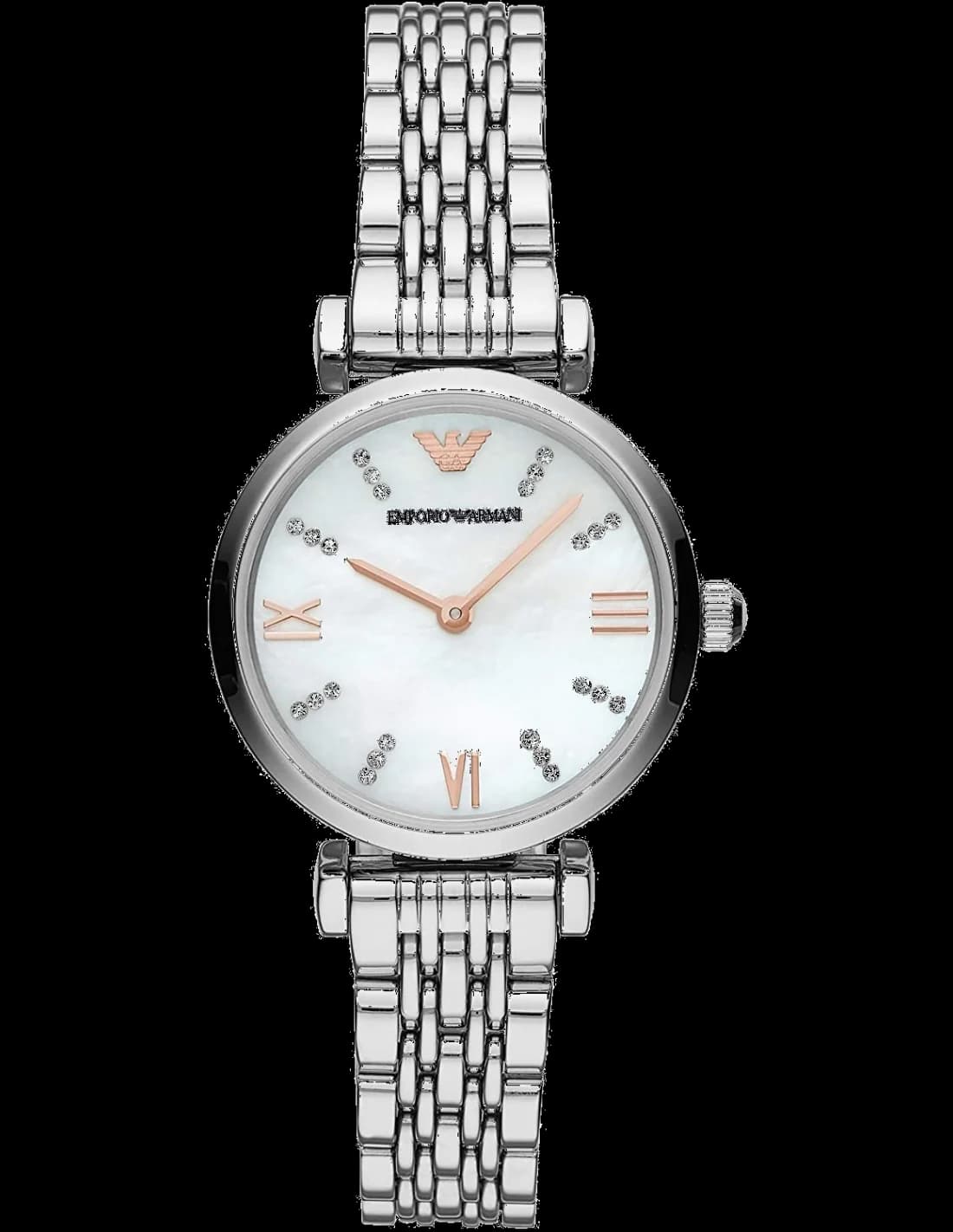 Montre Emporio Armani AR11204 avec cadran nacre blanc irisé et index dorés, style chic et féminin