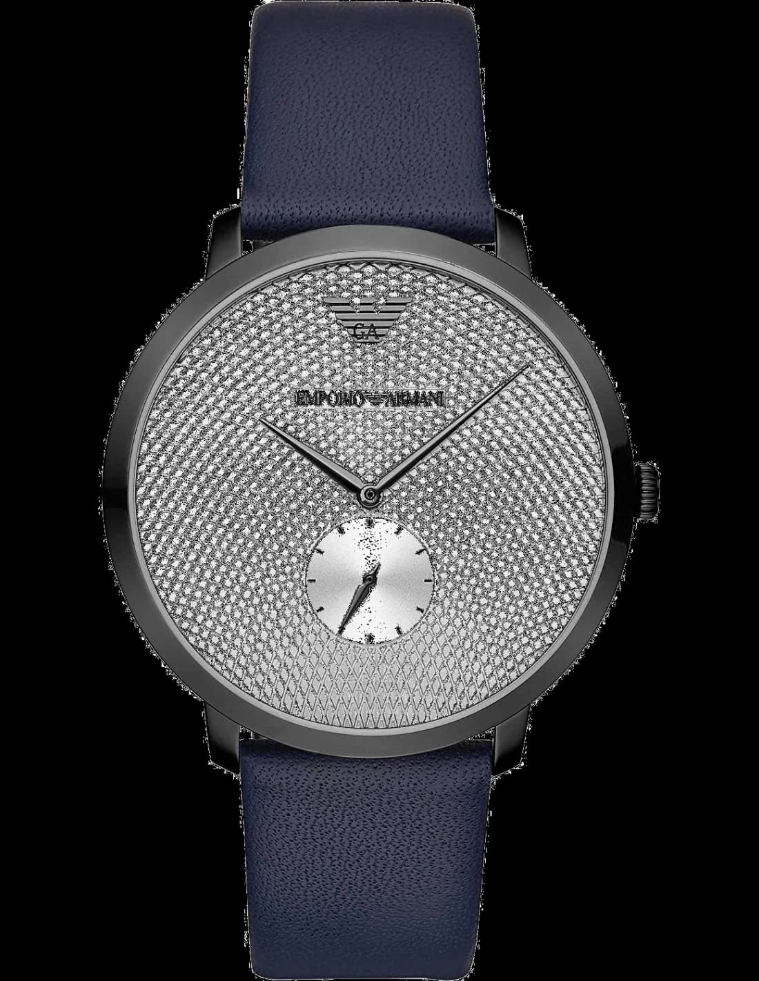 Montre Emporio Armani AR11214 au cadran bleu soleil, style rétro chic, aiguilles dorées et index bâtons