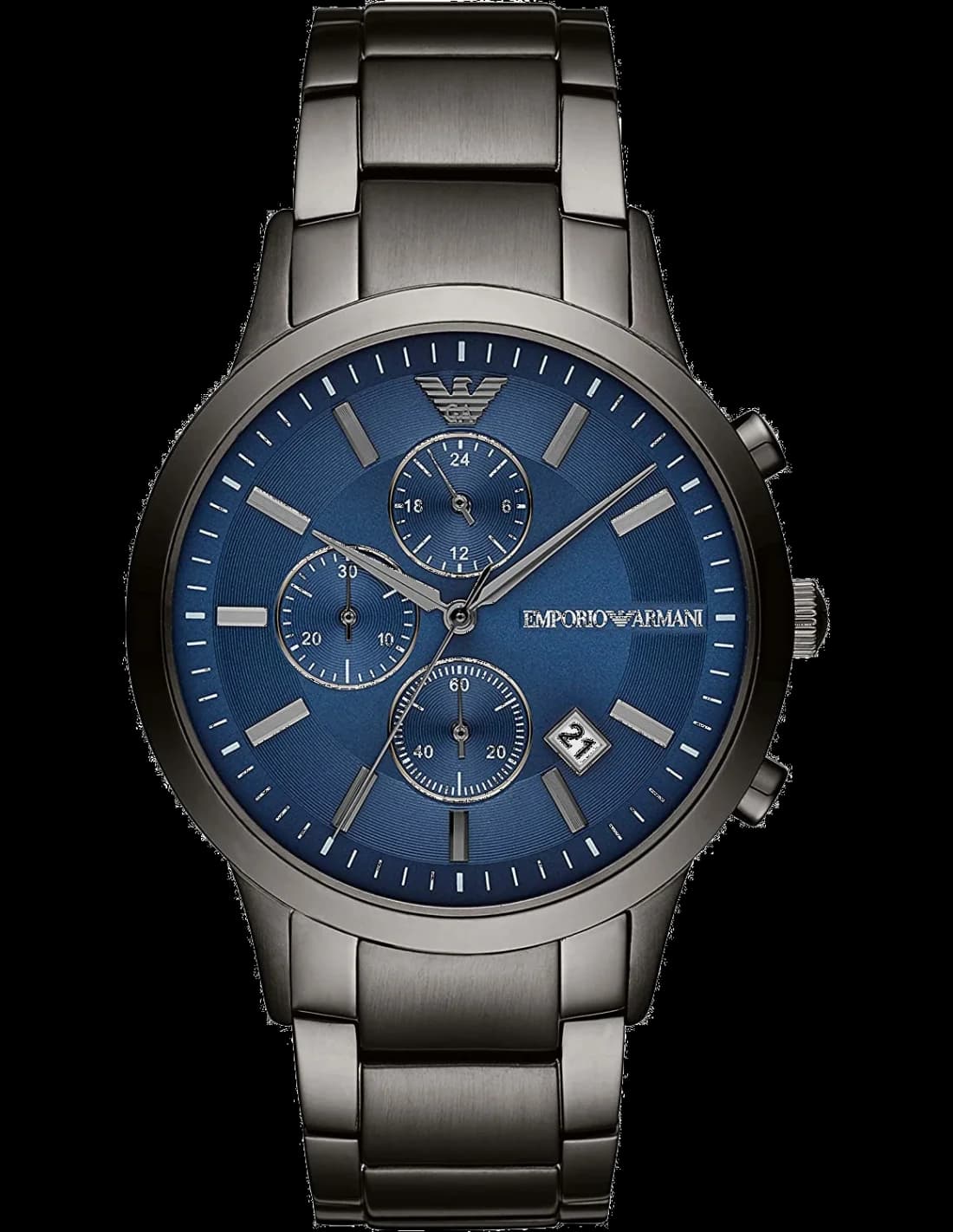 Montre Emporio Armani AR11215 avec cadran anthracite soleil, index bâtons et aiguilles argentées, style moderne et sport-chic