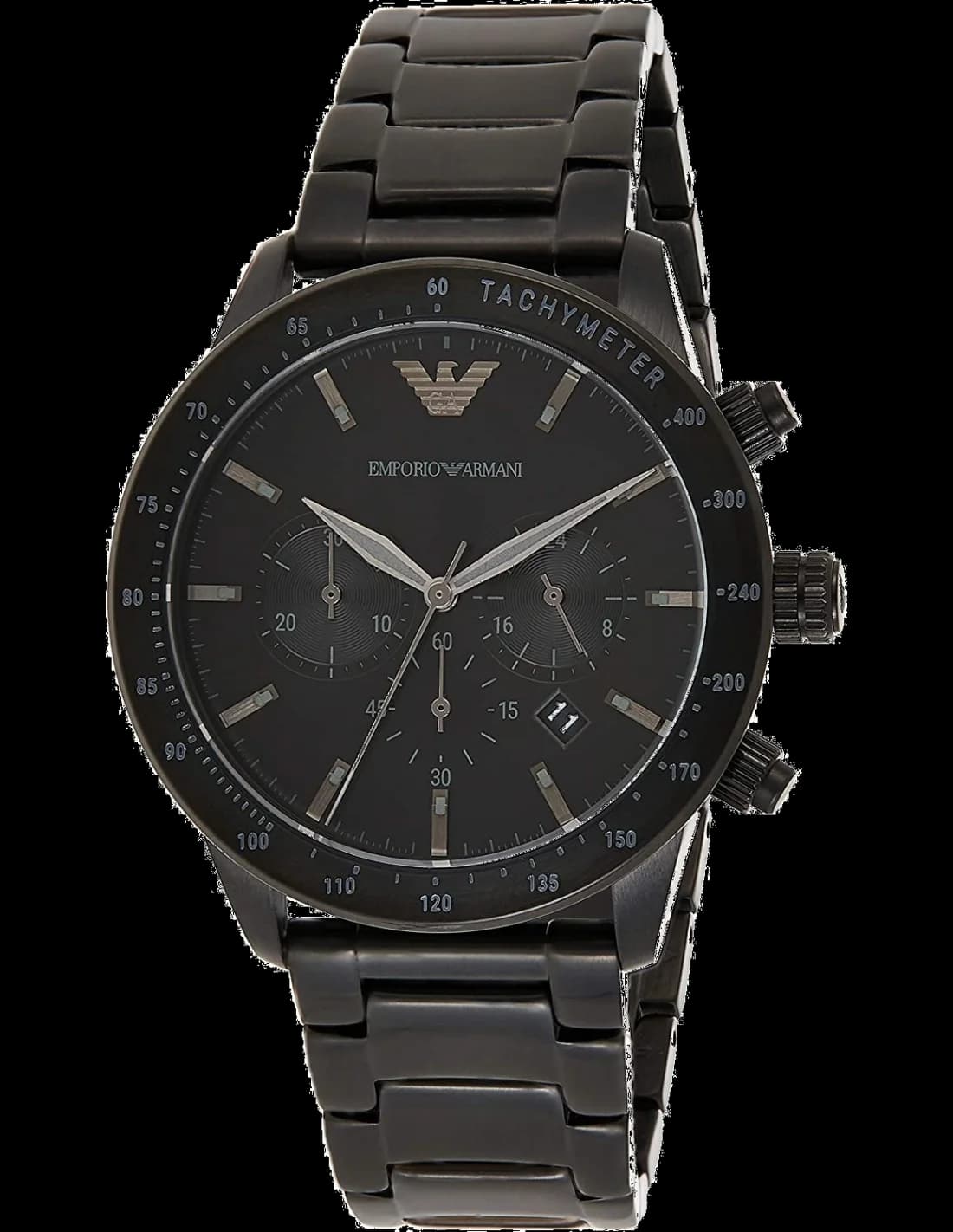 Montre Emporio Armani AR11242 au cadran noir texturé avec index bâtons argentés et aiguilles luminescentes, style élégant et sportif