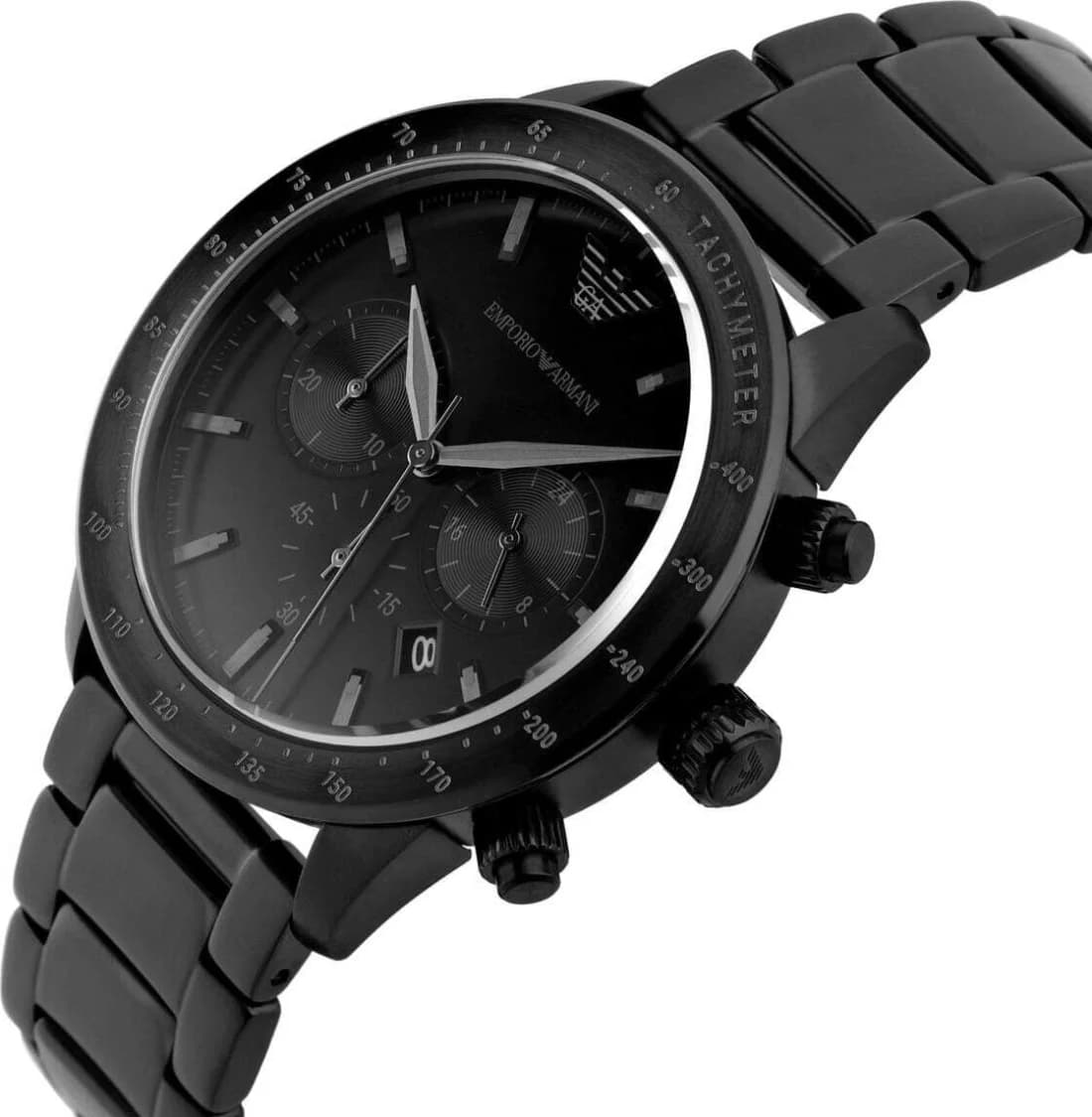 Cadran Emporio Armani AR11242 noir soleillé avec date à 3h, aiguilles bâton et index appliqués, finition soignée