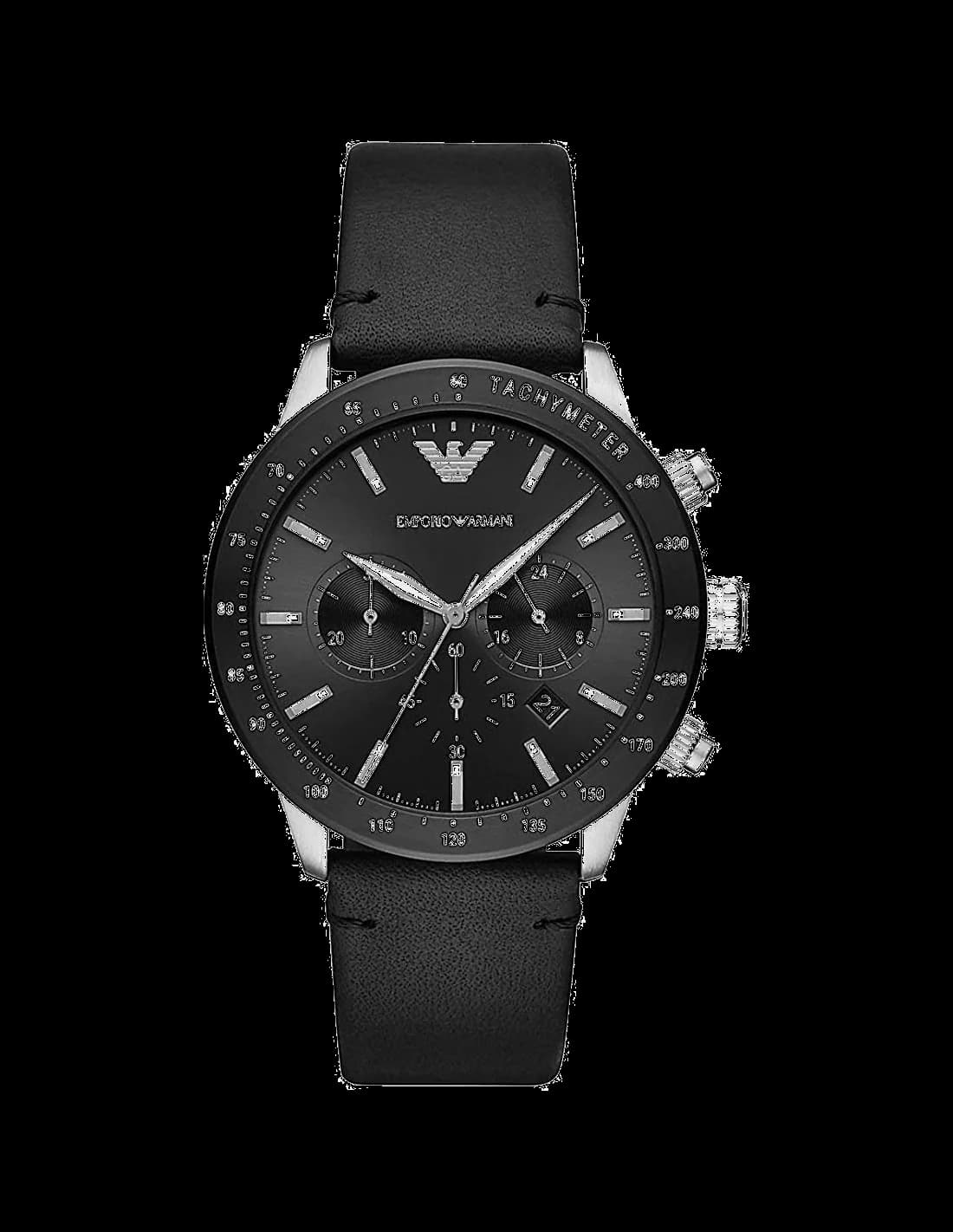 Montre Emporio Armani AR11243 au cadran noir avec index blancs, aiguilles luminescentes et chronomètre sportif