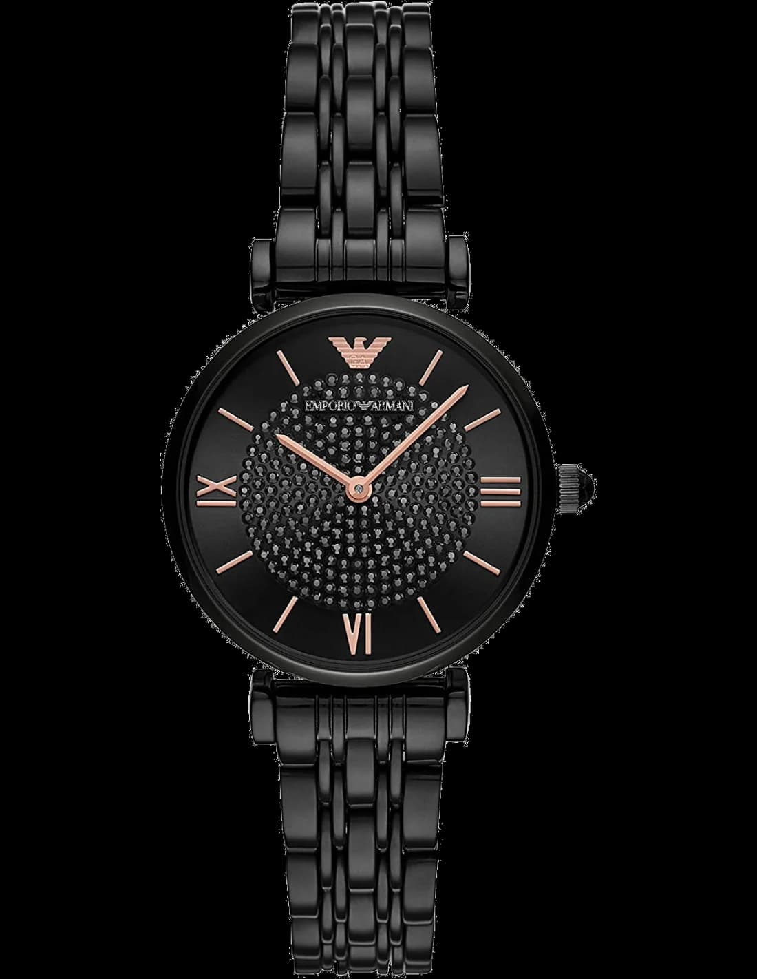 Montre Emporio Armani AR11245 au cadran noir soleillé, aiguilles et index argentés, style classique et élégant