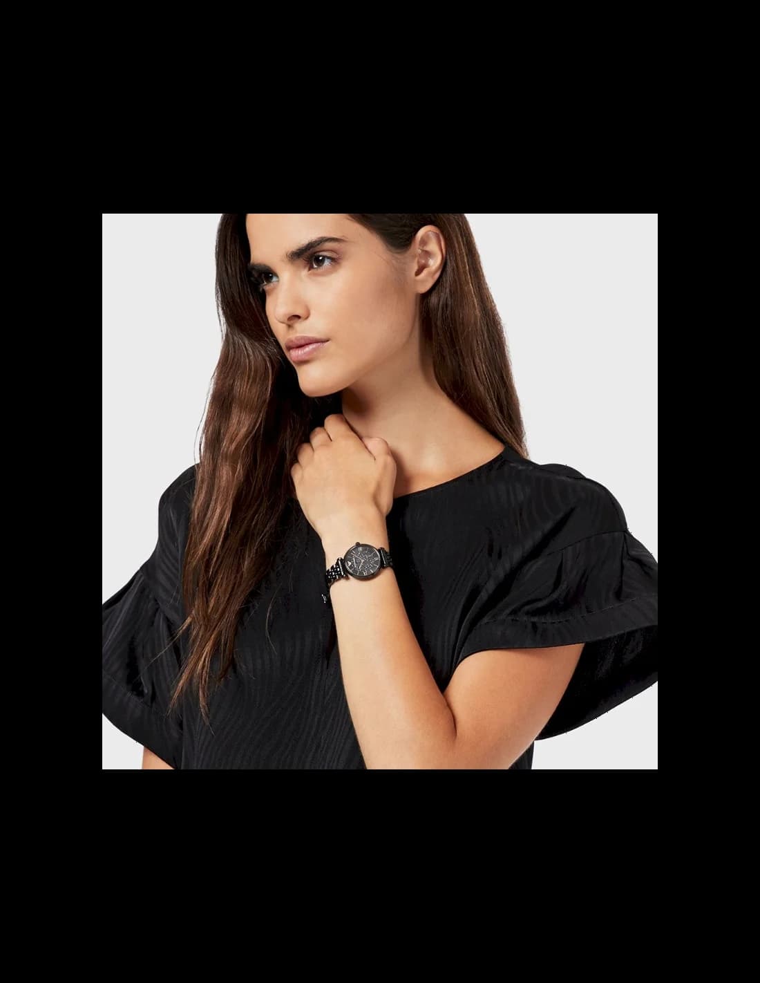 Boîtier Emporio Armani AR11245 en acier inoxydable noir, lunette lisse, fond plein gravé, vue profil fin