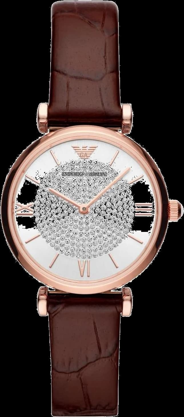 Montre Emporio Armani AR11269 au cadran nacre blanc irisé et bracelet cuir marron, style classique et élégant