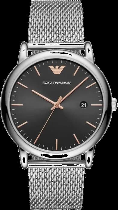 Montre Emporio Armani AR11272 avec cadran noir et index bâtons, style élégant et minimaliste sur fond sombre