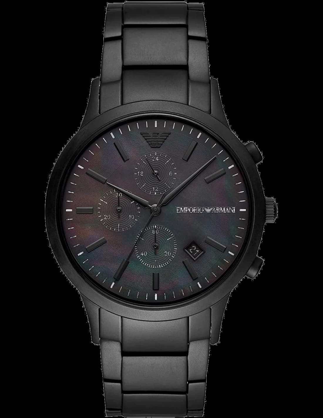 Montre Emporio Armani AR11275 avec cadran noir soleillé, index bâtons et trotteur central chronographe