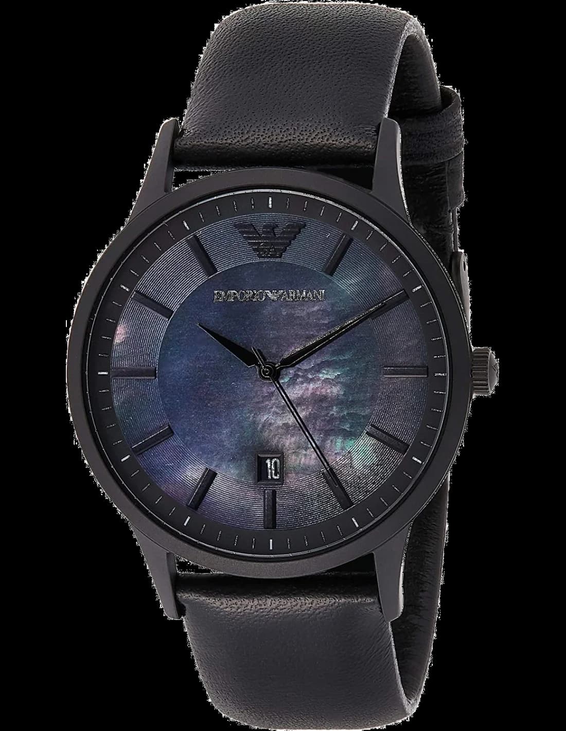 Montre Emporio Armani AR11276 au cadran nacre blanc irisé avec index dorés et aiguilles bleues, style élégant et raffiné