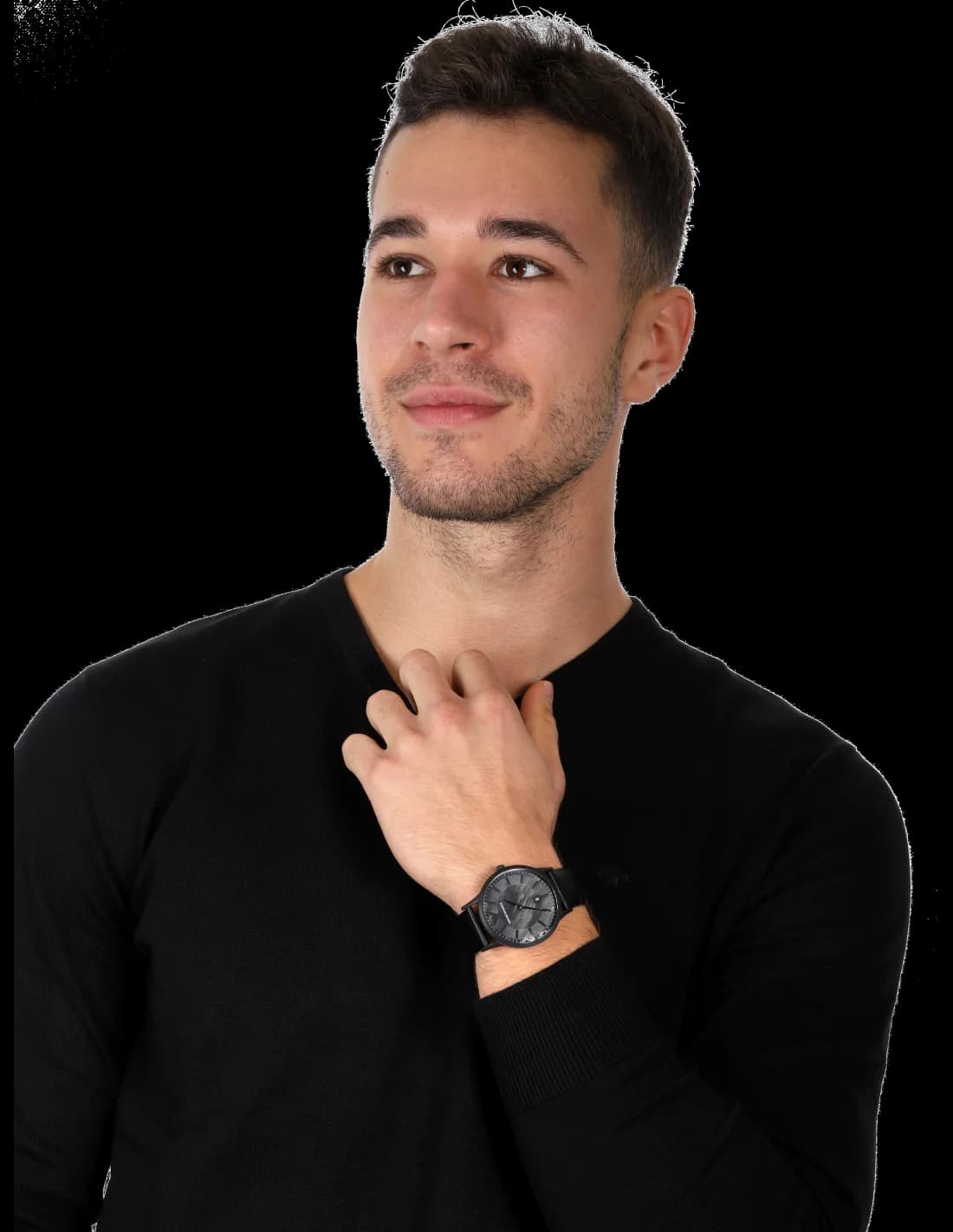 Boîtier Emporio Armani AR11276 rond en acier inoxydable doré, lunette lisse polie, vue de profil mince avec couronne crantée