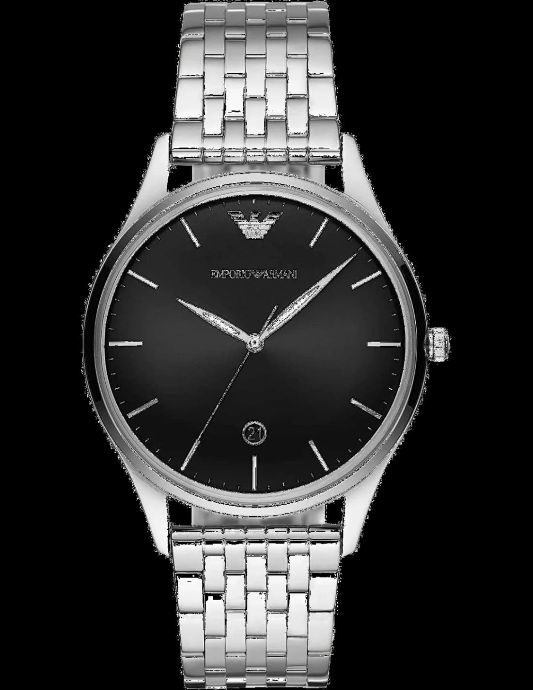 Montre Emporio Armani AR11286 au cadran noir soleil avec index bâtons argentés et aiguilles luminescentes