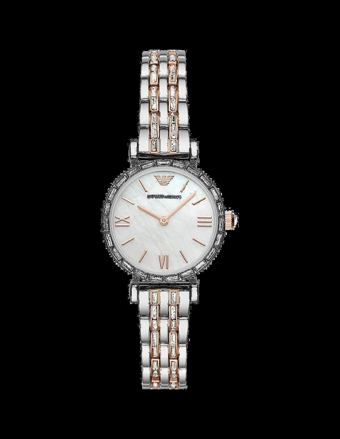 Montre Emporio Armani AR11290 au cadran blanc nacré et aiguilles dorées, style chic et élégant sur fond clair