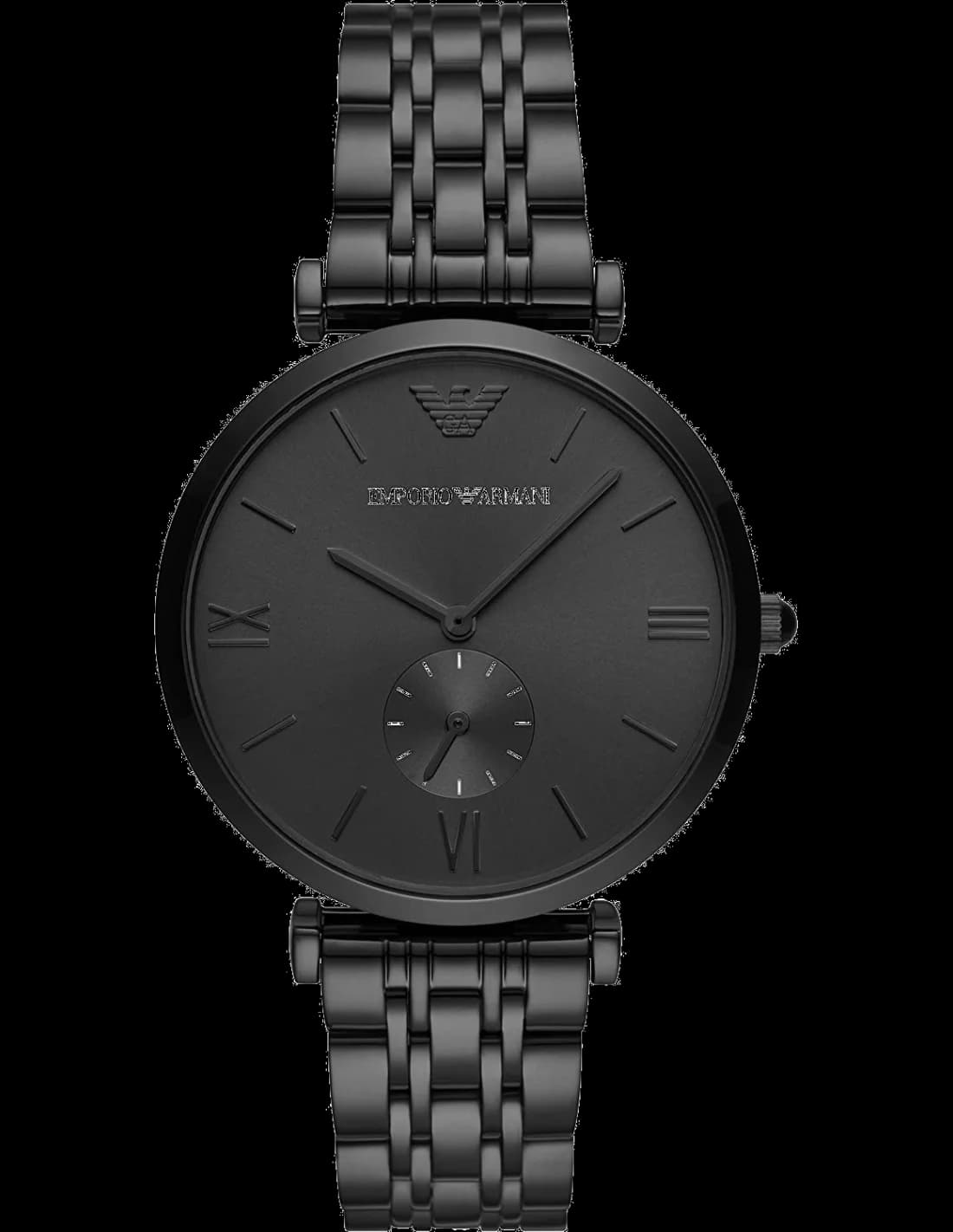 Montre Emporio Armani AR11299 au cadran noir soleillé avec index bâton argentés et aiguilles squelette, style moderne et élégant