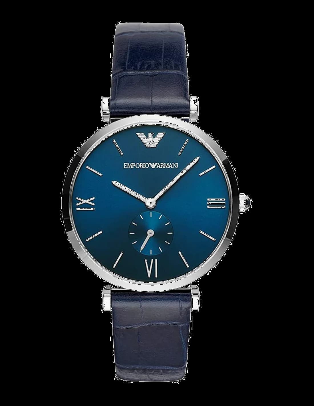 Montre Emporio Armani AR11300 au cadran bleu soleil avec index bâtons et aiguilles argentées, style classique moderne