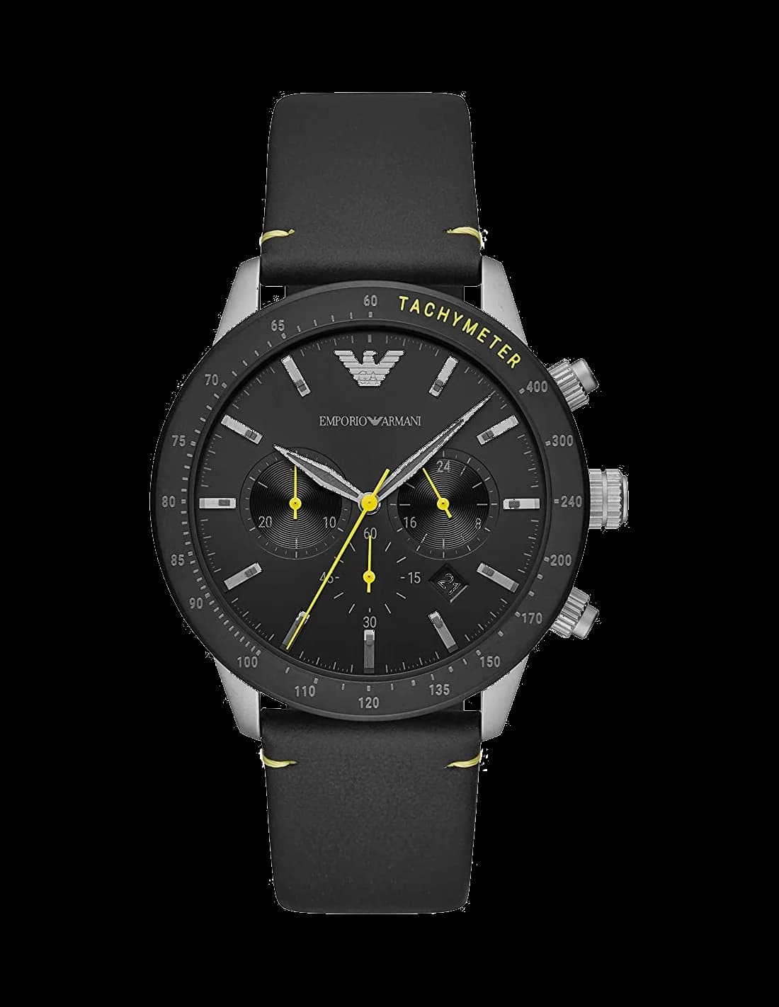 Montre Emporio Armani AR11325, cadran noir avec accents jaunes, aiguilles et index lumineux, style sport chic