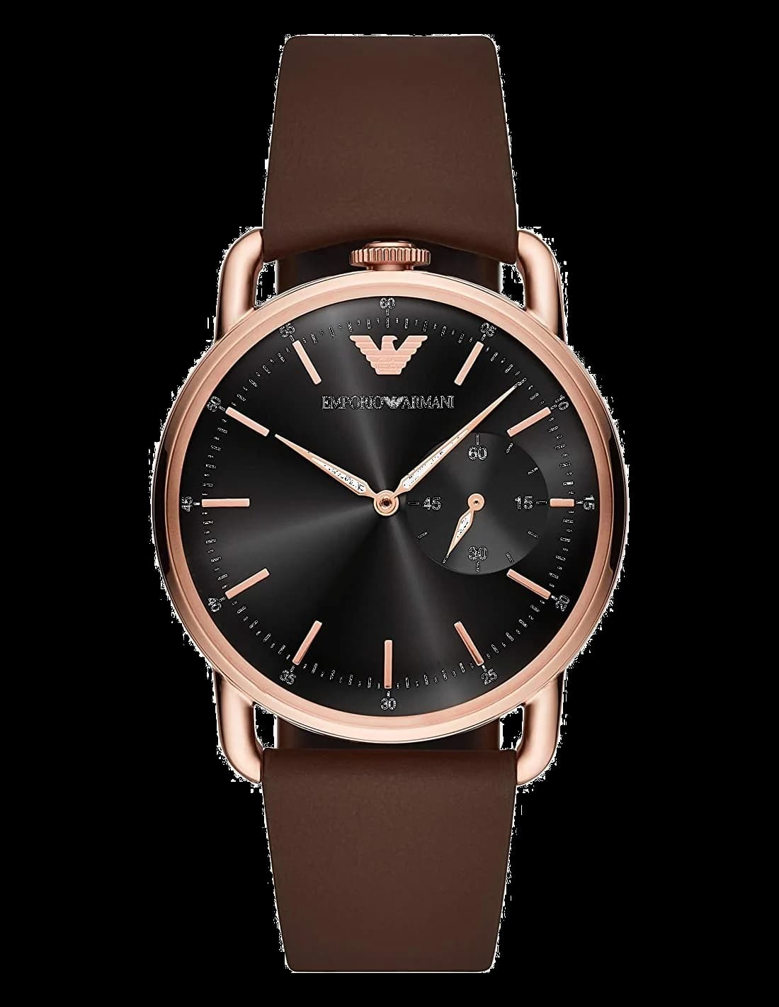 Montre Emporio Armani AR11337 au cadran noir soleillé avec index et aiguilles or rose, style aviateur moderne