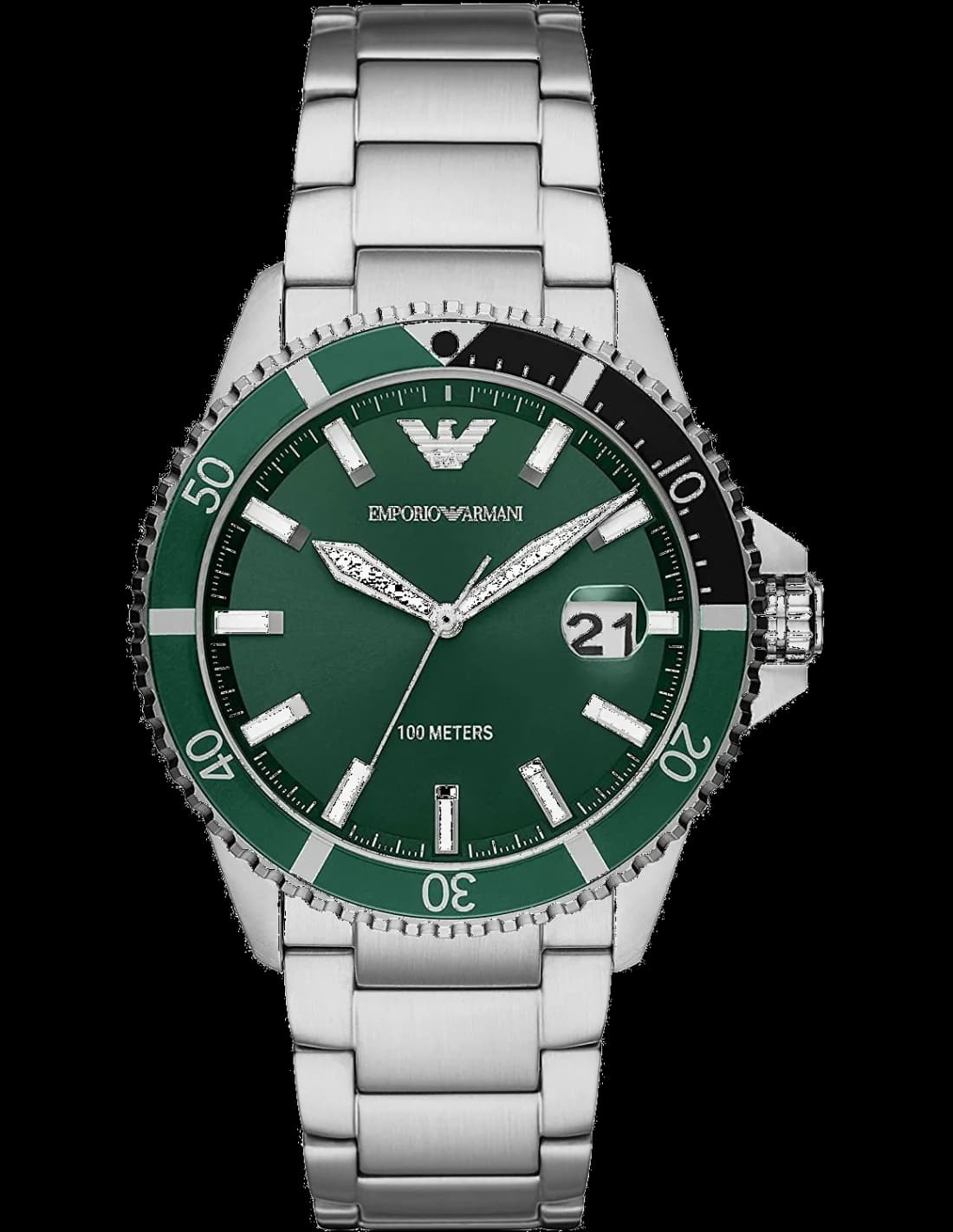 Montre Emporio Armani AR11338 au cadran vert avec index luminescents et aiguilles argentées, style sport élégant