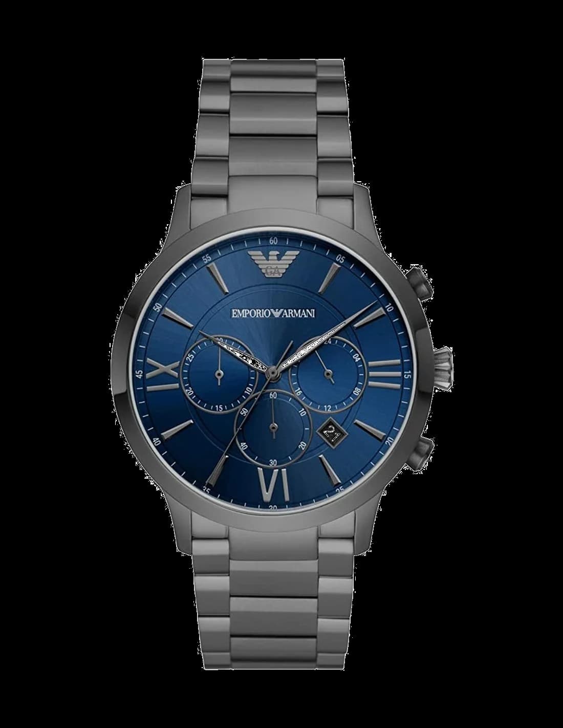 Montre Emporio Armani AR11348 au cadran noir soleil, aiguilles argentées et index bâtons, style classique chic