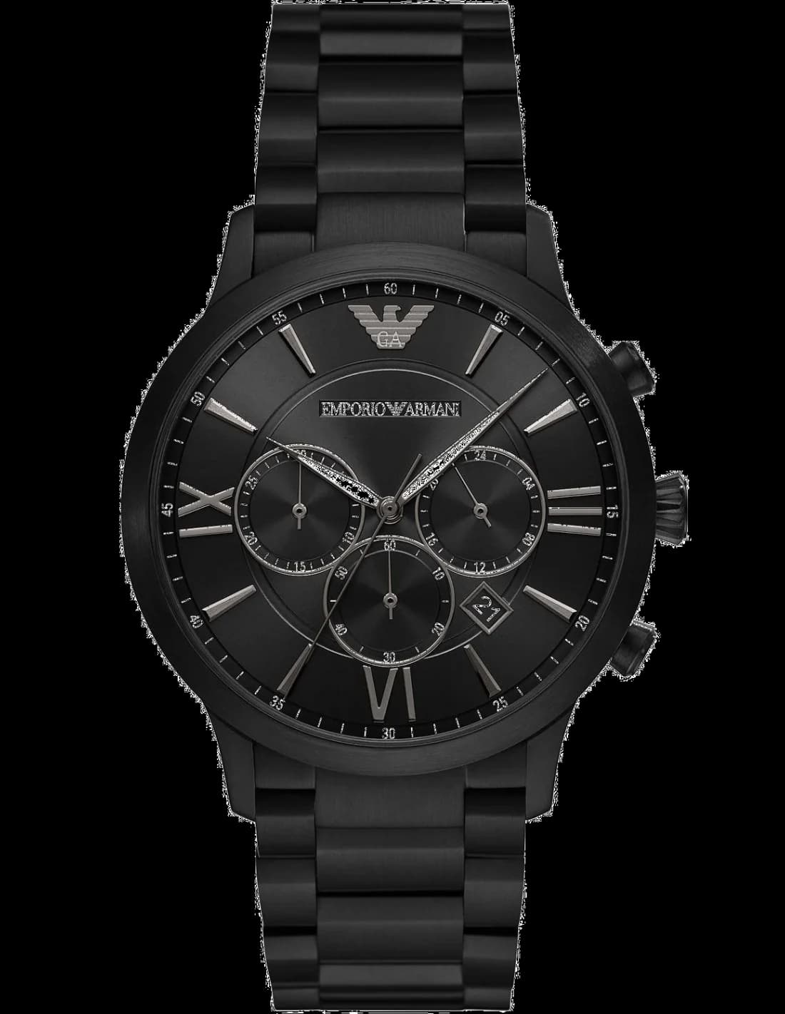 Montre Emporio Armani AR11349 en vue principale, cadran noir avec index bâtons et logo EA en acier brossé, style moderne et sport chic