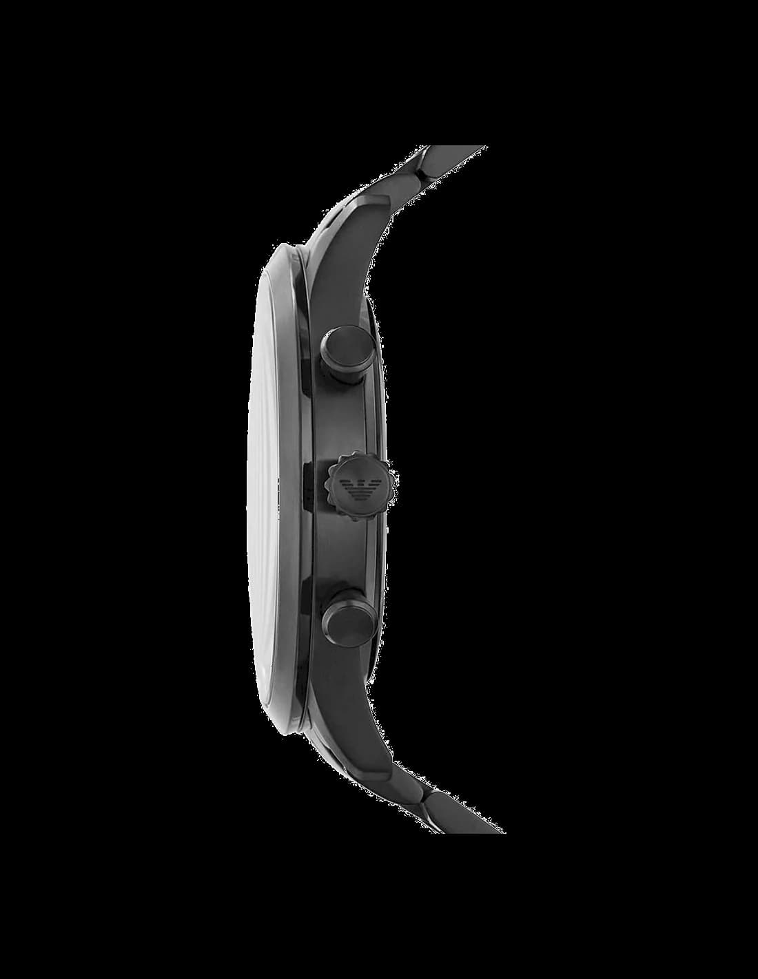 Boîtier Emporio Armani AR11349 acier noir circulaire de 43mm, lunette fine polie, verre saphir et couronne crantée, profil épuré et robuste
