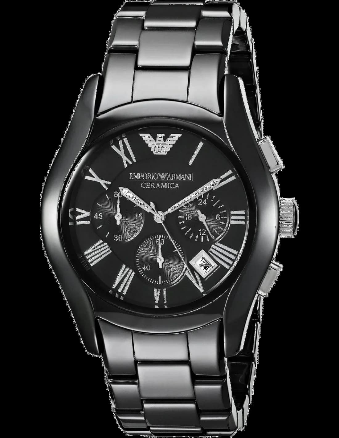 Montre Emporio Armani AR1400 en céramique noire avec cadran noir et index argentés, design sport chic