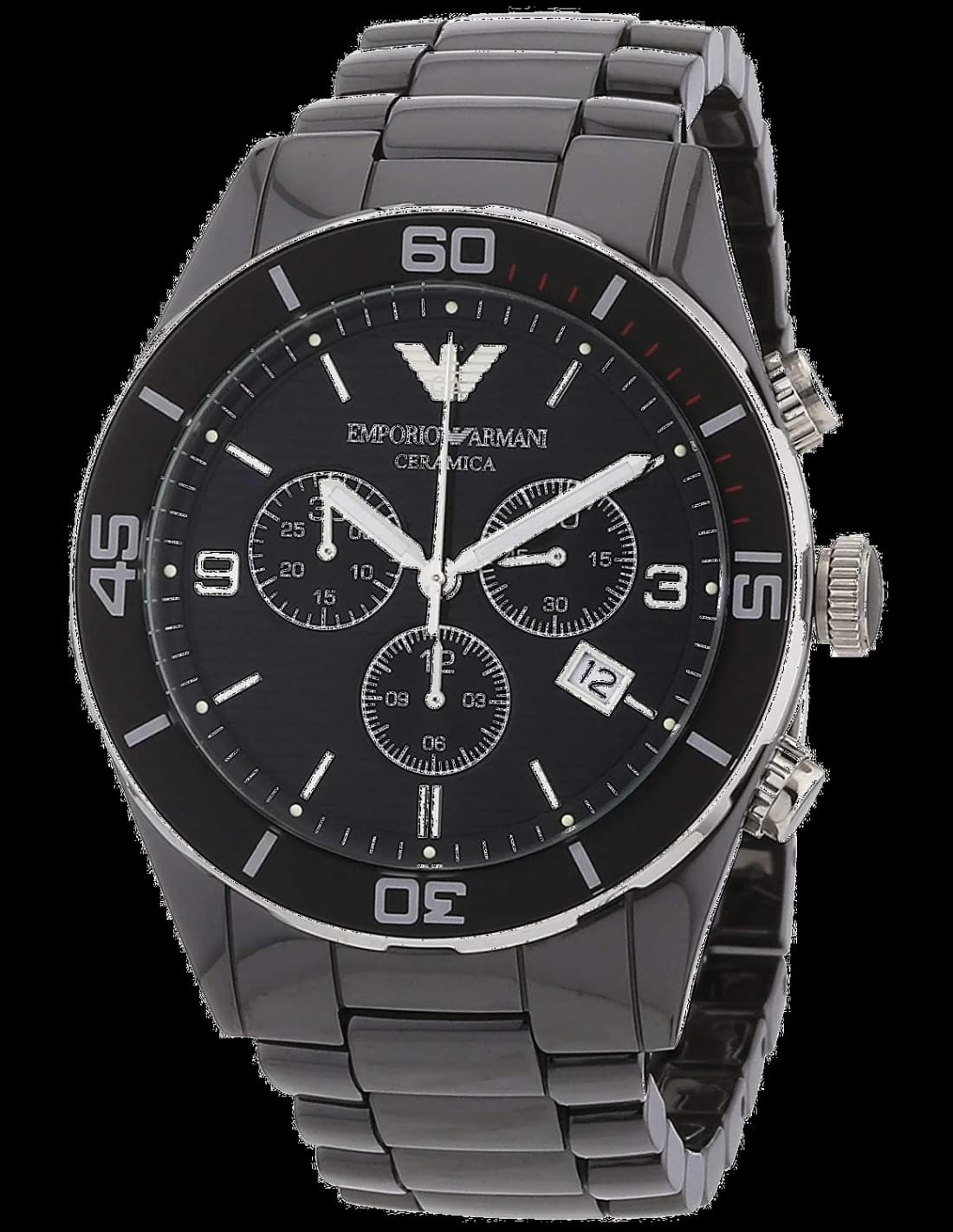 Montre Emporio Armani AR1421 au cadran noir soleillé avec trois compteurs et une lunette en céramique noire, style sport chic