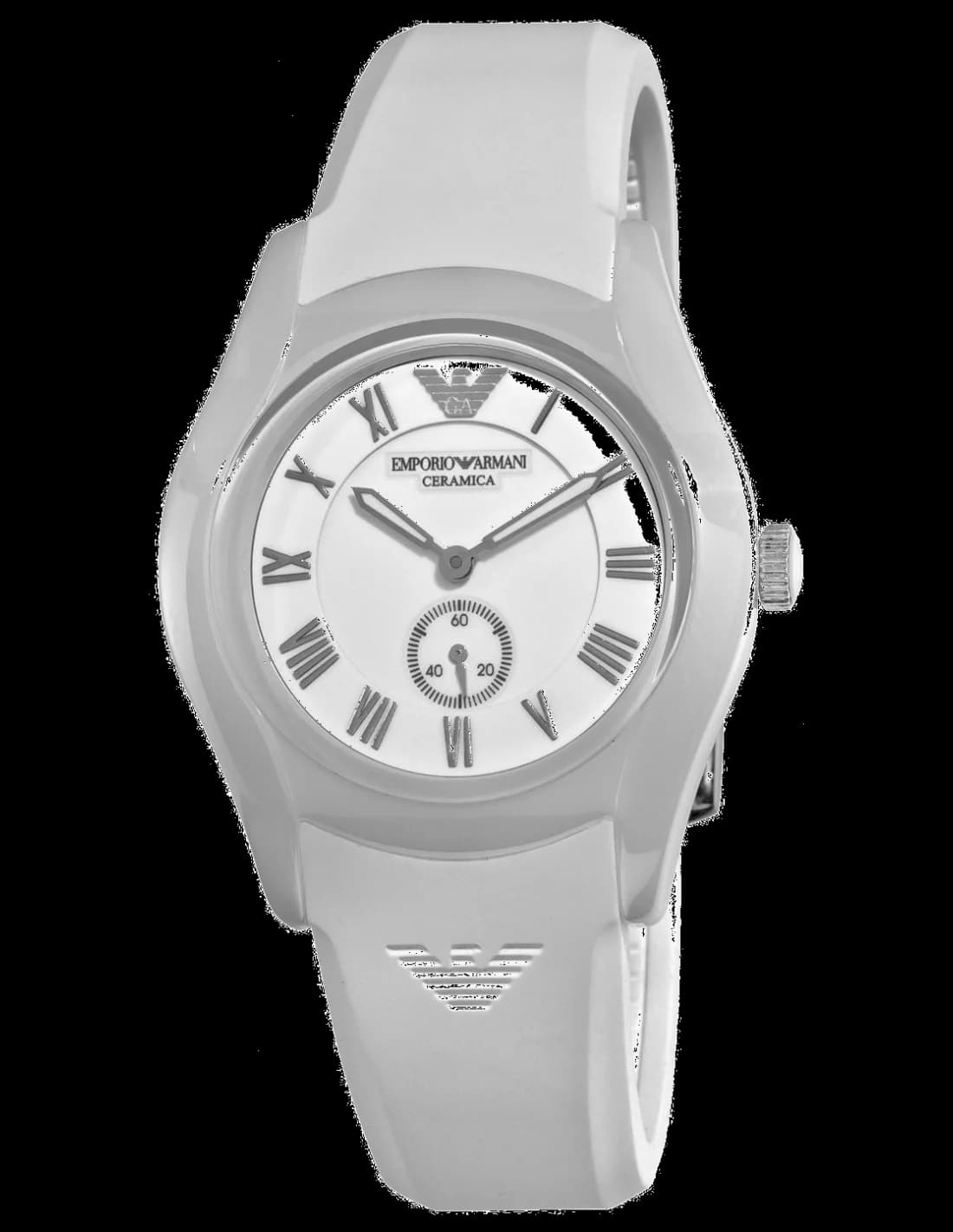 Montre Emporio Armani AR1433 en vue principale avec cadran blanc pur et index fins argentés sur fond laqué brillant