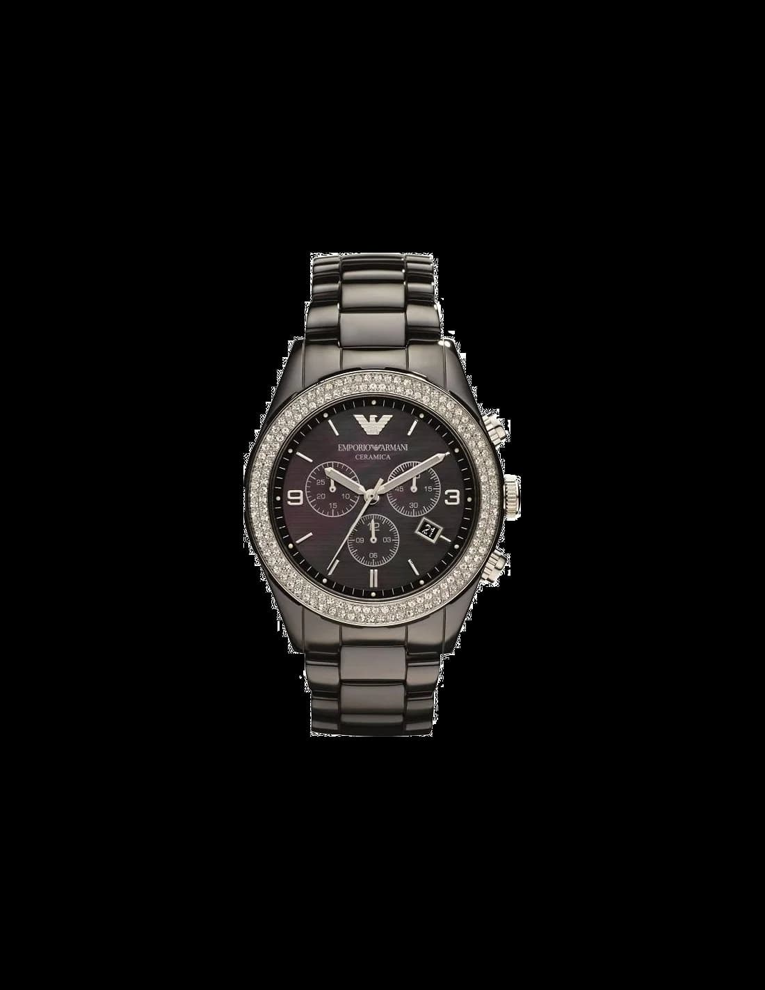 Montre Emporio Armani AR1455 en céramique noire avec cristaux scintillants sur le cadran noir