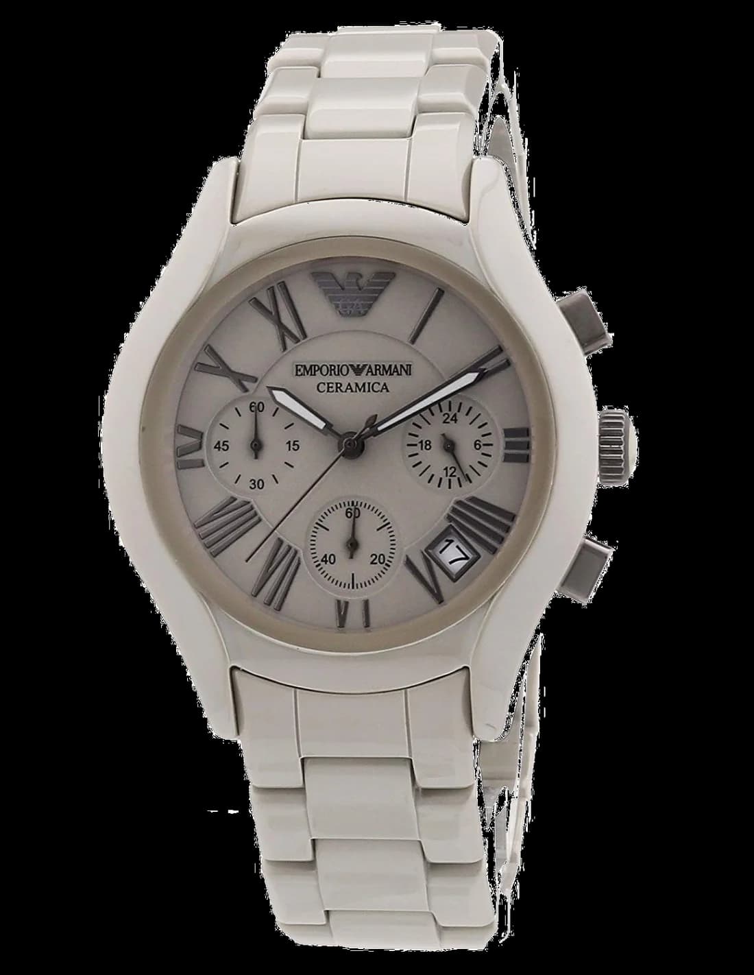 Montre Emporio Armani AR1460 au cadran noir soleillé, aiguilles argentées et index bâtons, style chic et sportif