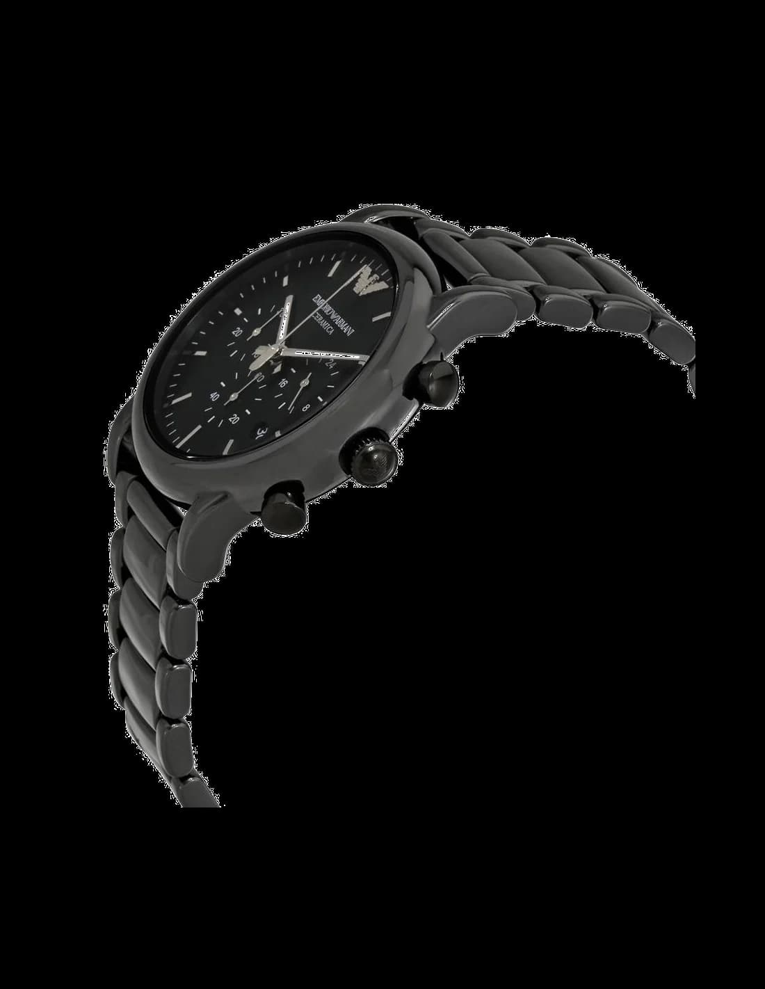Cadran Emporio Armani AR1507 noir avec index bâtons argentés, aiguilles et dateur à 3h