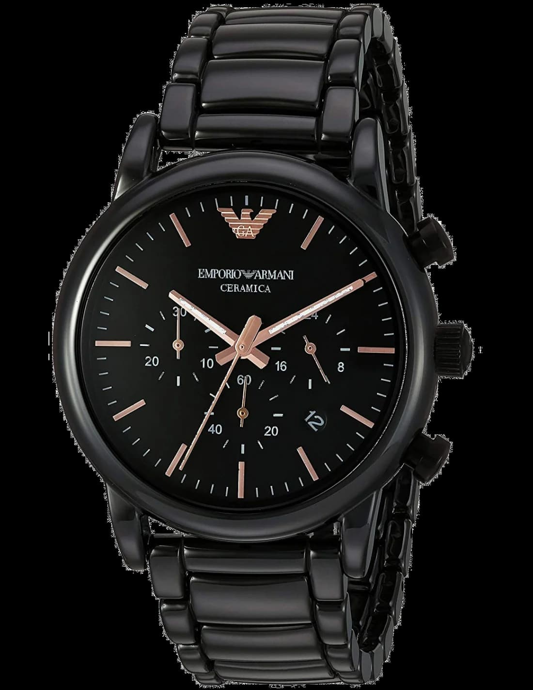 Montre Emporio Armani AR1509 noire en céramique avec cadran noir et index argentés chronographe sport chic