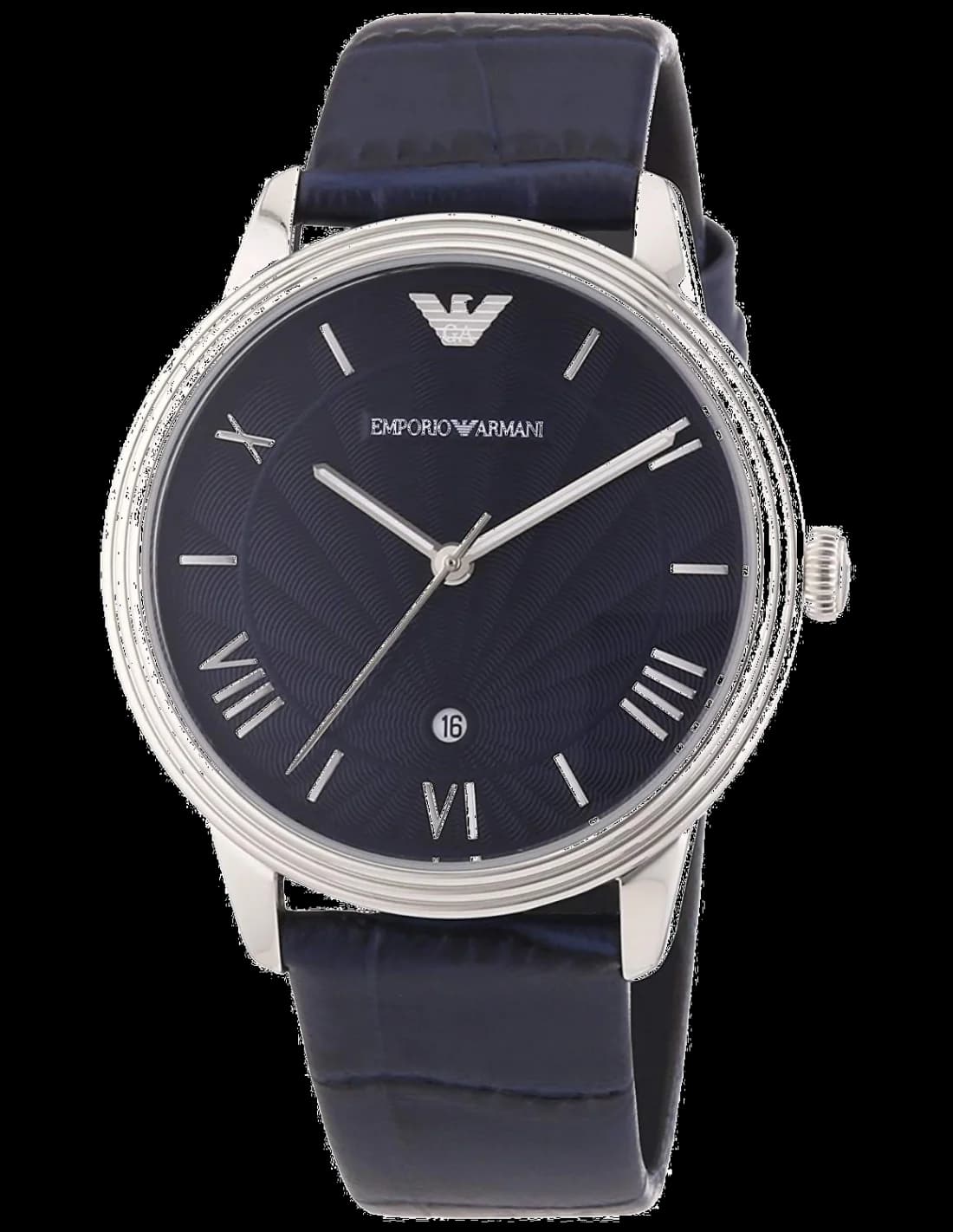 Montre Emporio Armani AR1651 au cadran noir soleil, aiguilles argentées et index bâtons, style classique chic