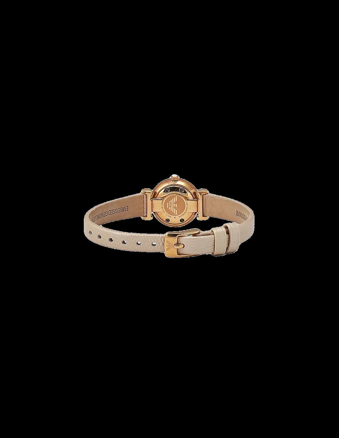 Cadran Emporio Armani AR1687 présente des index bâtons dorés et un guichet dateur discret à 3h