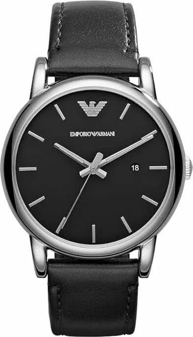 Montre Emporio Armani AR1732 noire avec cadran noir texturé, aiguilles argentées et index bâtons, style classique et élégant