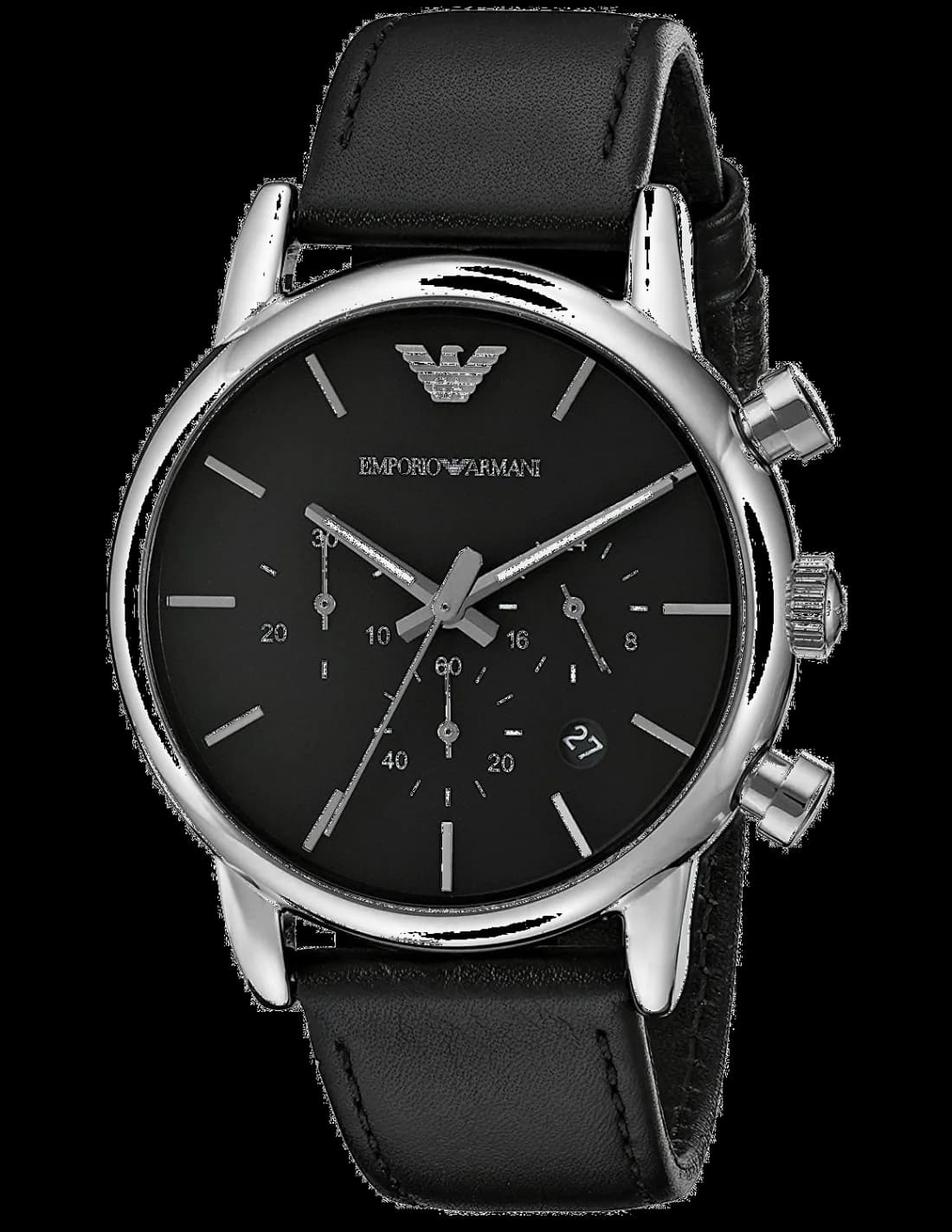 Montre Emporio Armani AR1733 au cadran noir soleil avec index argentés et aiguilles luminescentes, style classique et raffiné