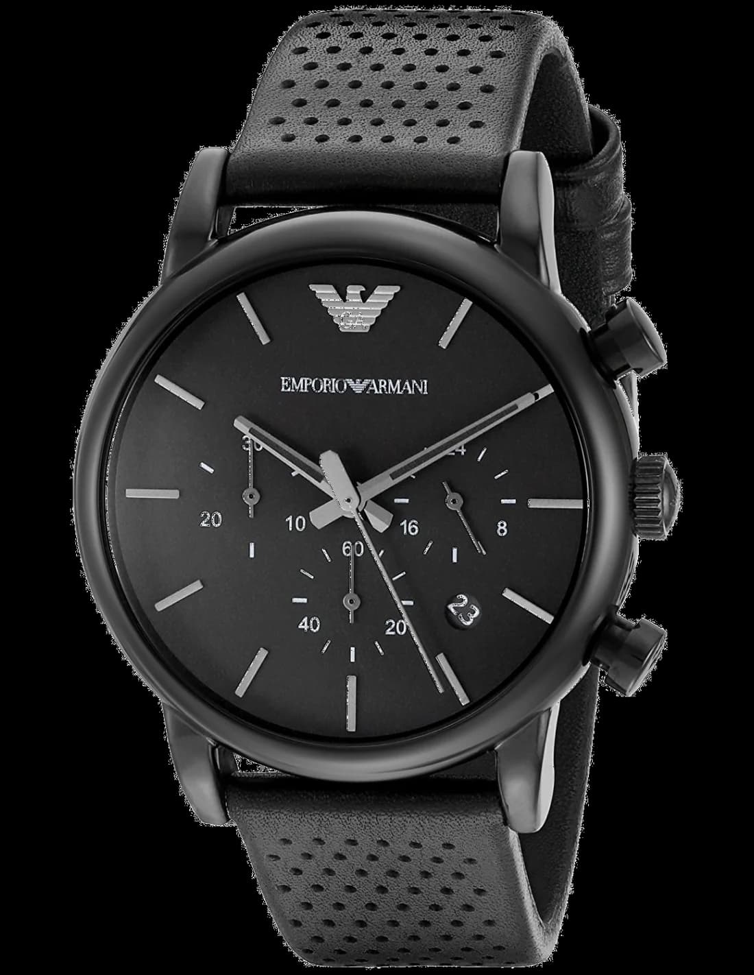 Montre Emporio Armani AR1737 avec cadran noir texturé et aiguilles argentées sur fond sombre