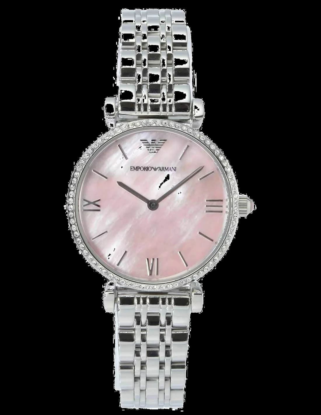 Montre Emporio Armani AR1779 avec cadran nacre rose et aiguilles dorées sur fond lumineux