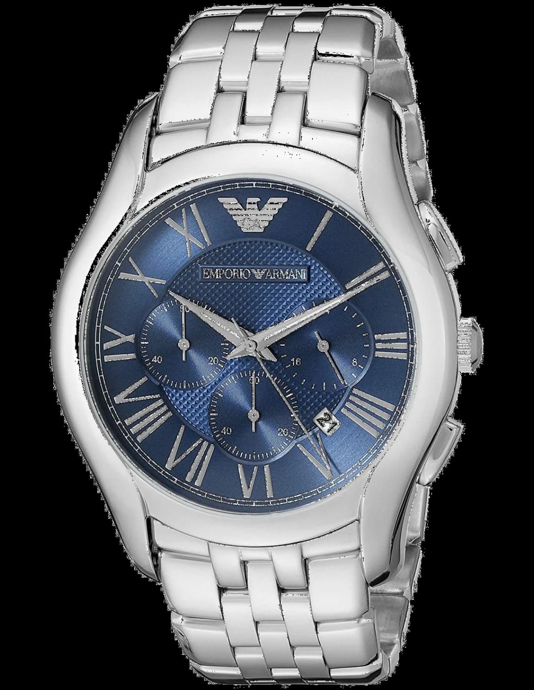 Montre Emporio Armani AR1787 au cadran bleu soleillé, aiguilles argentées et index bâtons, style classique chic