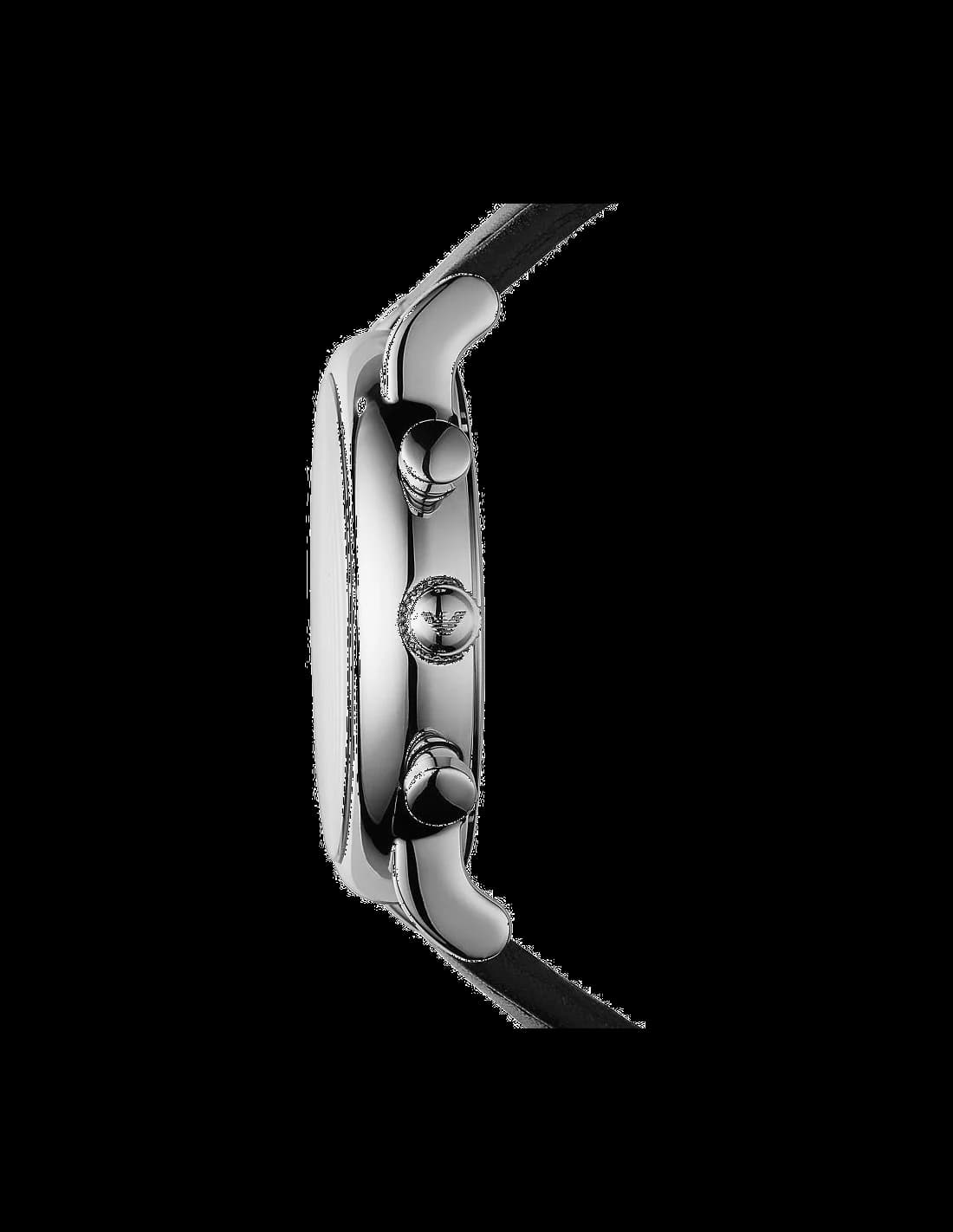 Cadran Emporio Armani AR1807 avec index bâtons, guichet date à 3h et totalisateurs chronographe noir sur argent