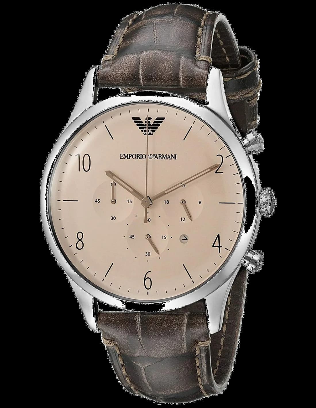 Montre Emporio Armani AR1878 au cadran marron soleillé avec index bâtons et aiguilles argentées, style classique et élégant