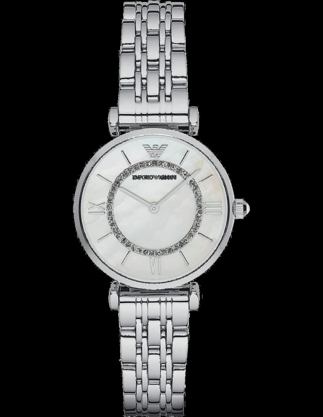 Montre Emporio Armani AR1908 au cadran nacre argenté et aiguilles dorées, style élégant et raffiné