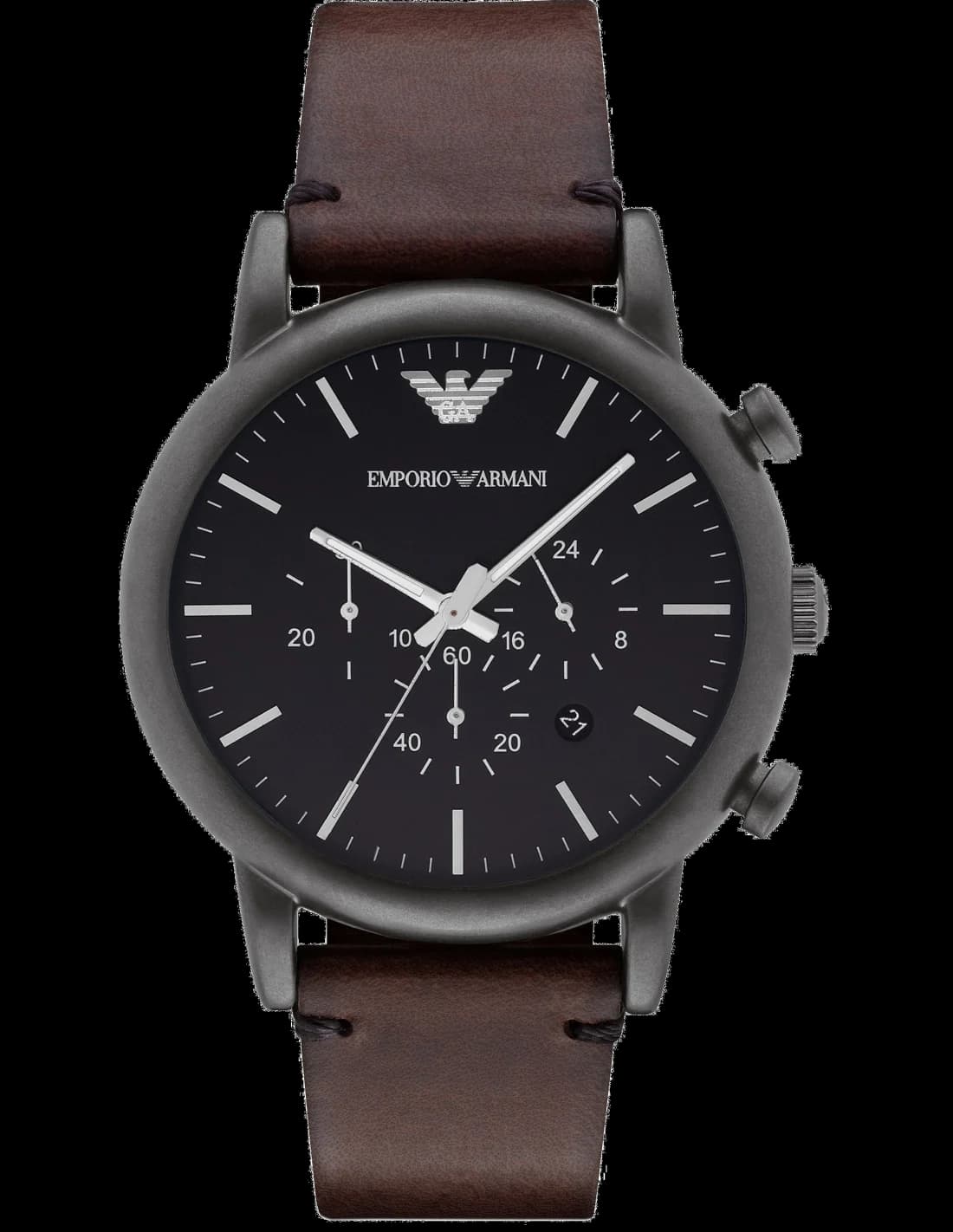 Montre Emporio Armani AR1919 au cadran argenté et bracelet cuir marron, style classique élégant