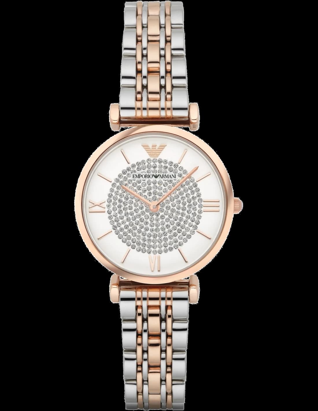 Montre Emporio Armani AR1926 avec cadran blanc et aiguilles dorées sur bracelet acier bi-colore élégant