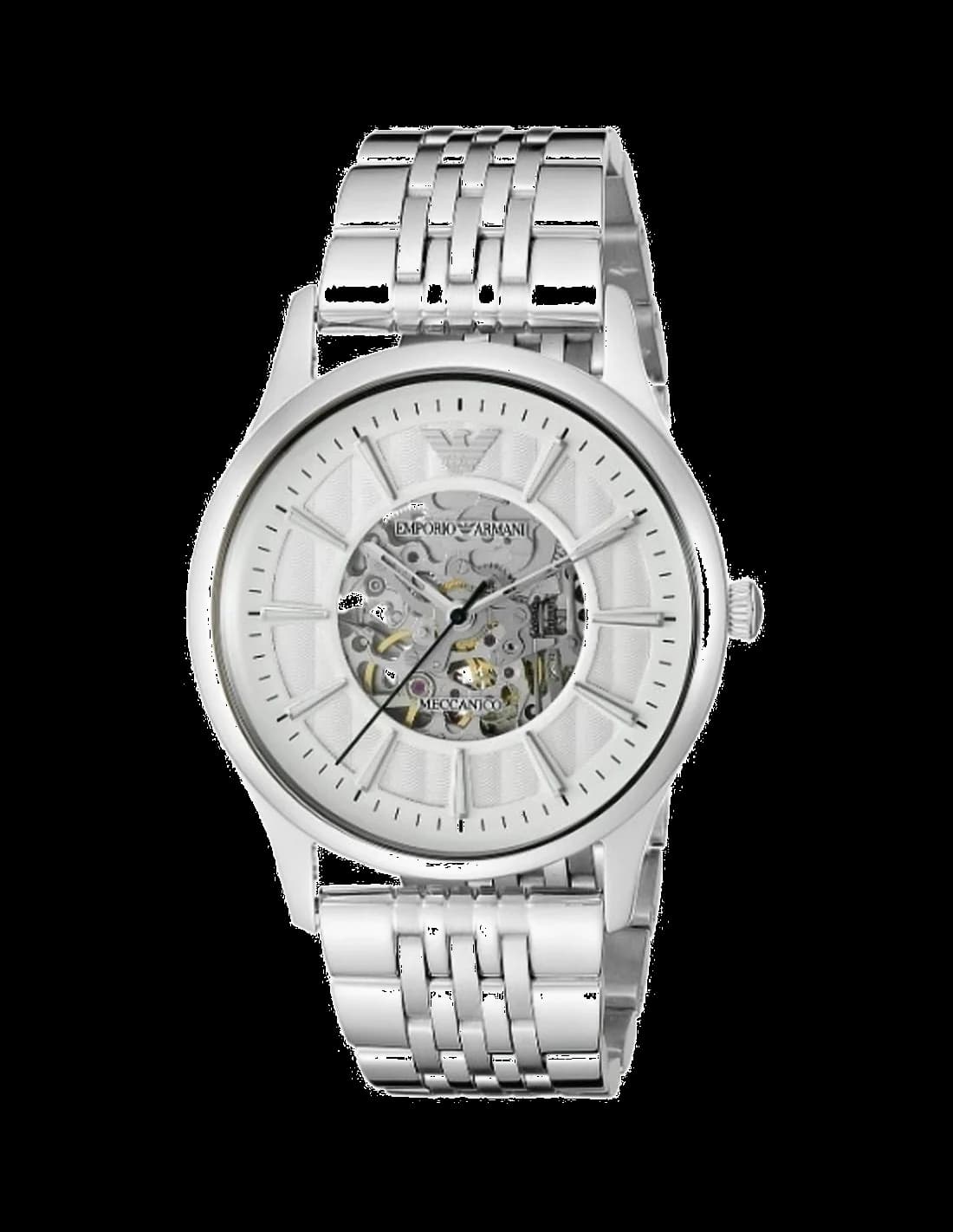 Montre Emporio Armani AR1945 au cadran squelette argenté dévoilant le mouvement mécanique visible avec index bâtons et aiguilles argentées
