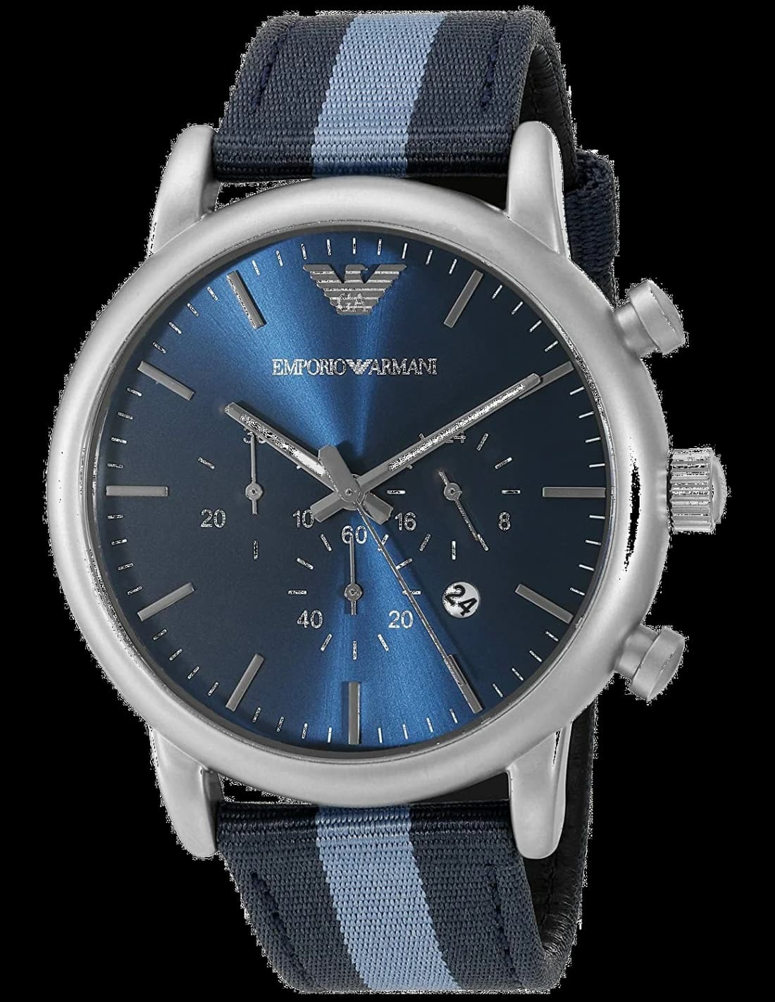 Montre Emporio Armani AR1949 avec cadran bleu soleil, index appliqués et aiguilles luminescentes