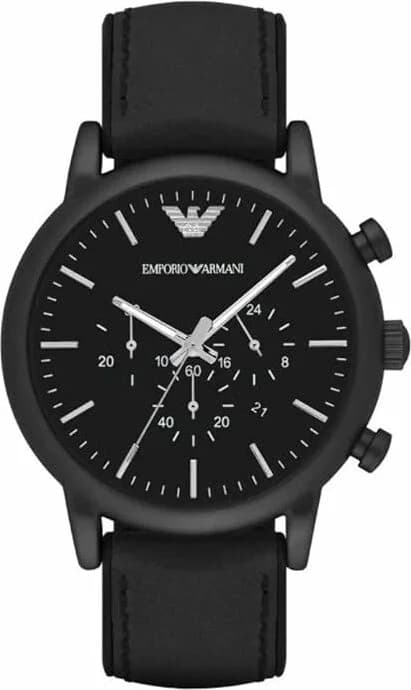 Montre Emporio Armani AR1968 au cadran noir soleil et index bâtons, style épuré et moderne
