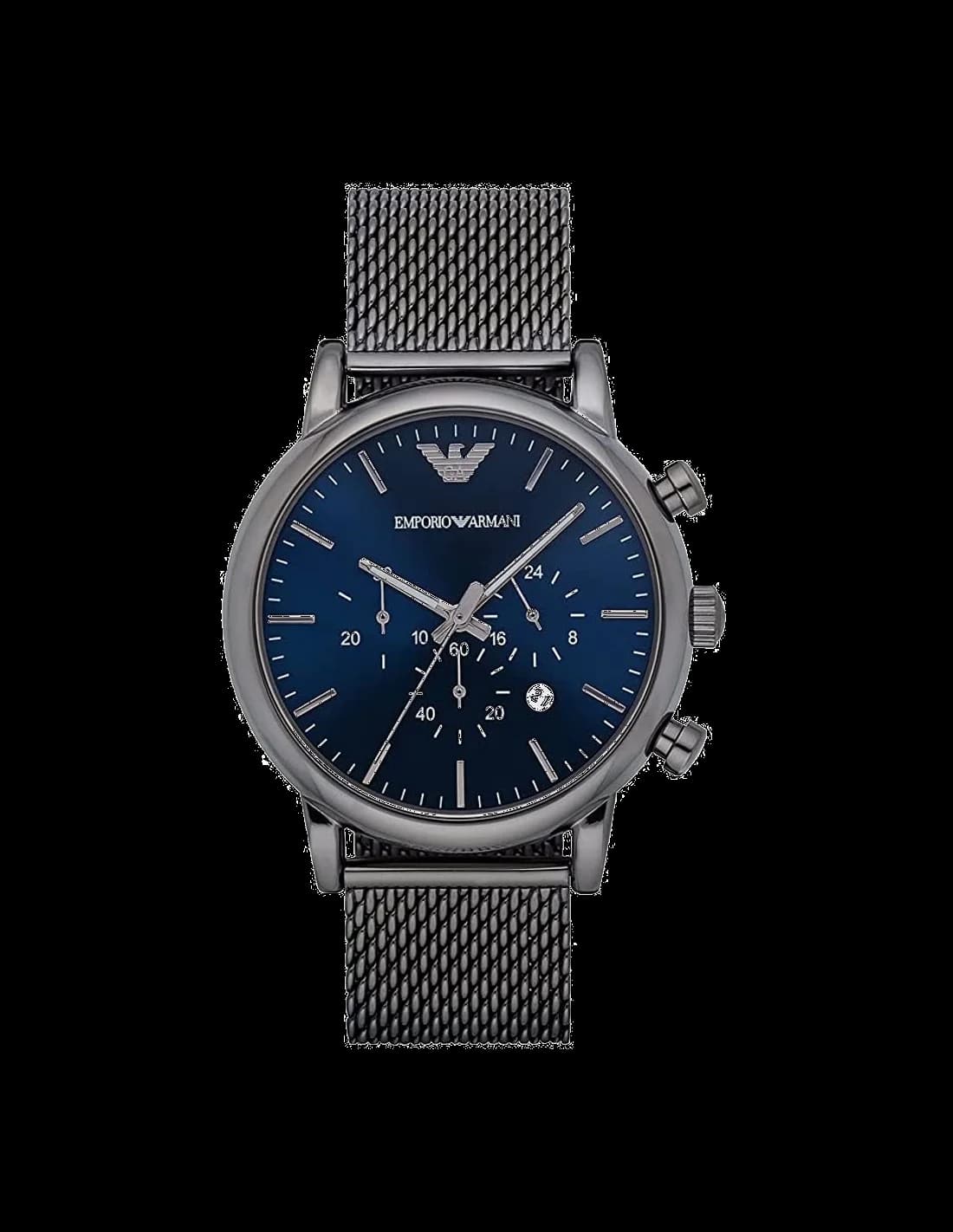 Montre Emporio Armani AR1979 au cadran gunmetal avec index appliqués et aiguilles facettées, style chic et moderne