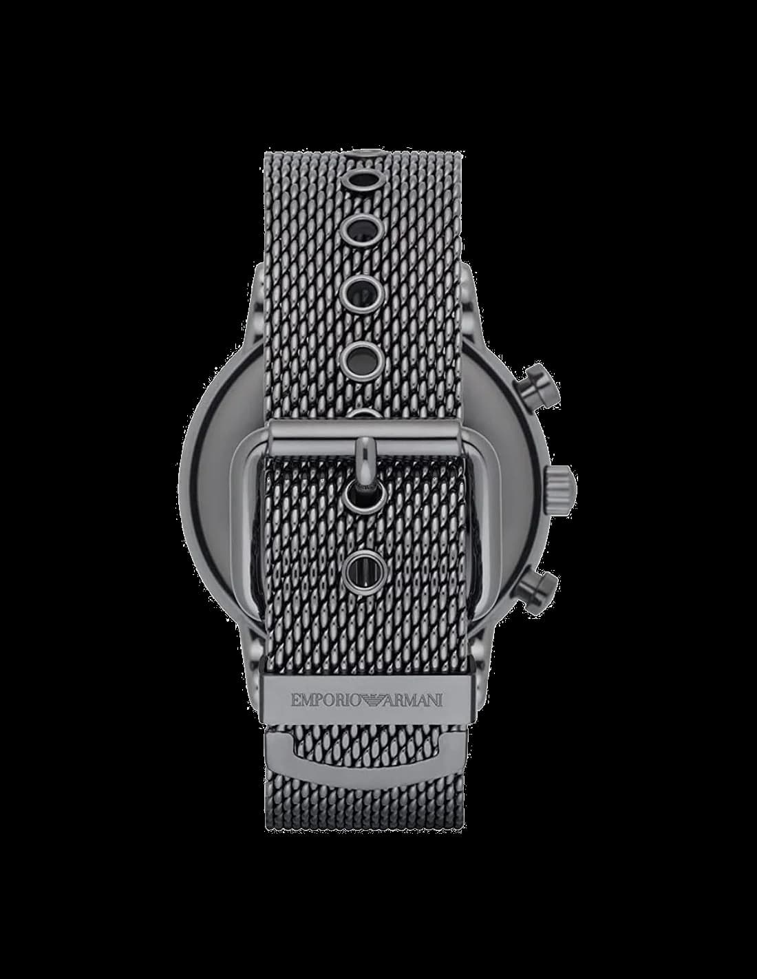 Bracelet Emporio Armani AR1979 en maille milanaise gunmetal avec fermoir déployante, finition satinée élégante