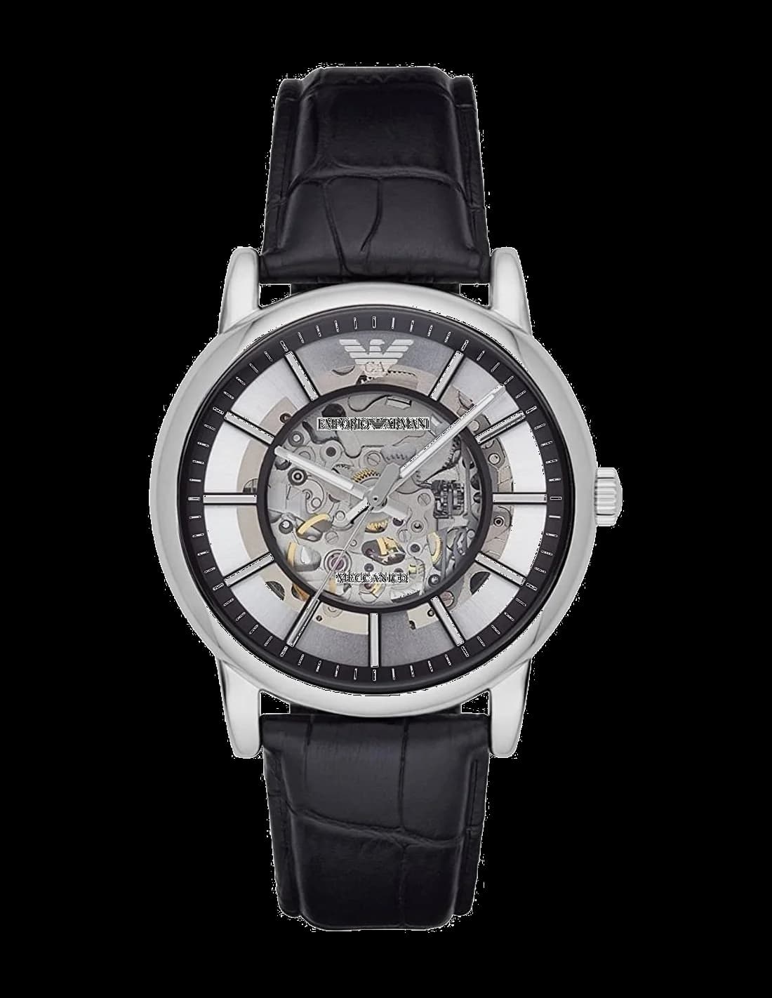 Montre Emporio Armani AR1981 avec cadran squelette noir et aiguilles dorées, style moderne et élégant