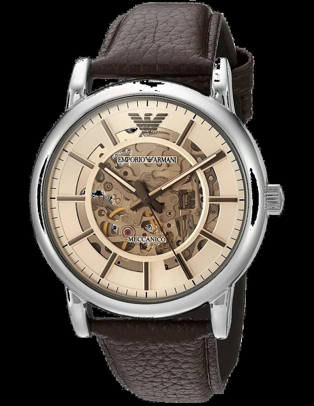 Montre Emporio Armani AR1982 au cadran squelette noir et aiguilles dorées, style moderne et élégant